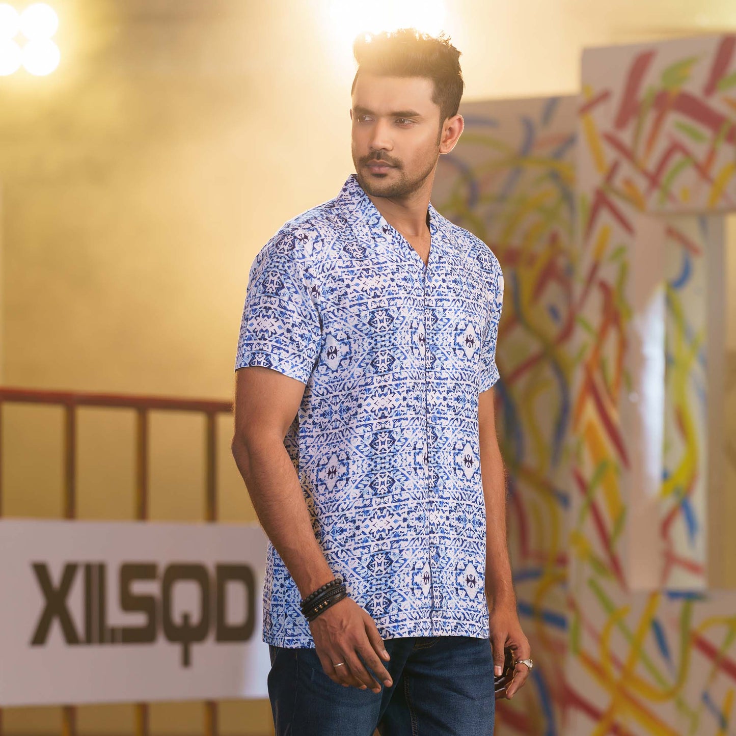 Men's Blue-White Cuban Shirt