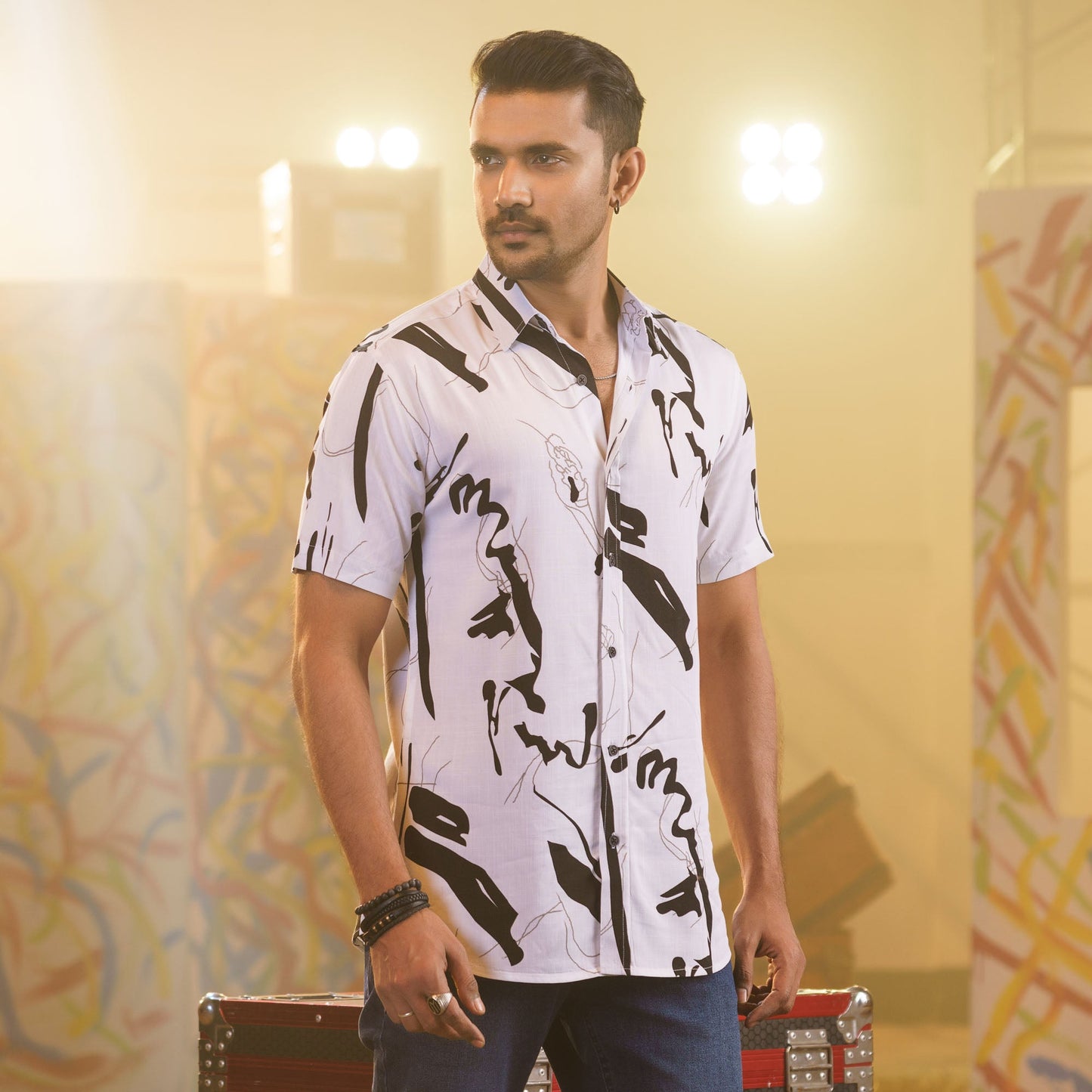 Men's White-Black Print Shirt