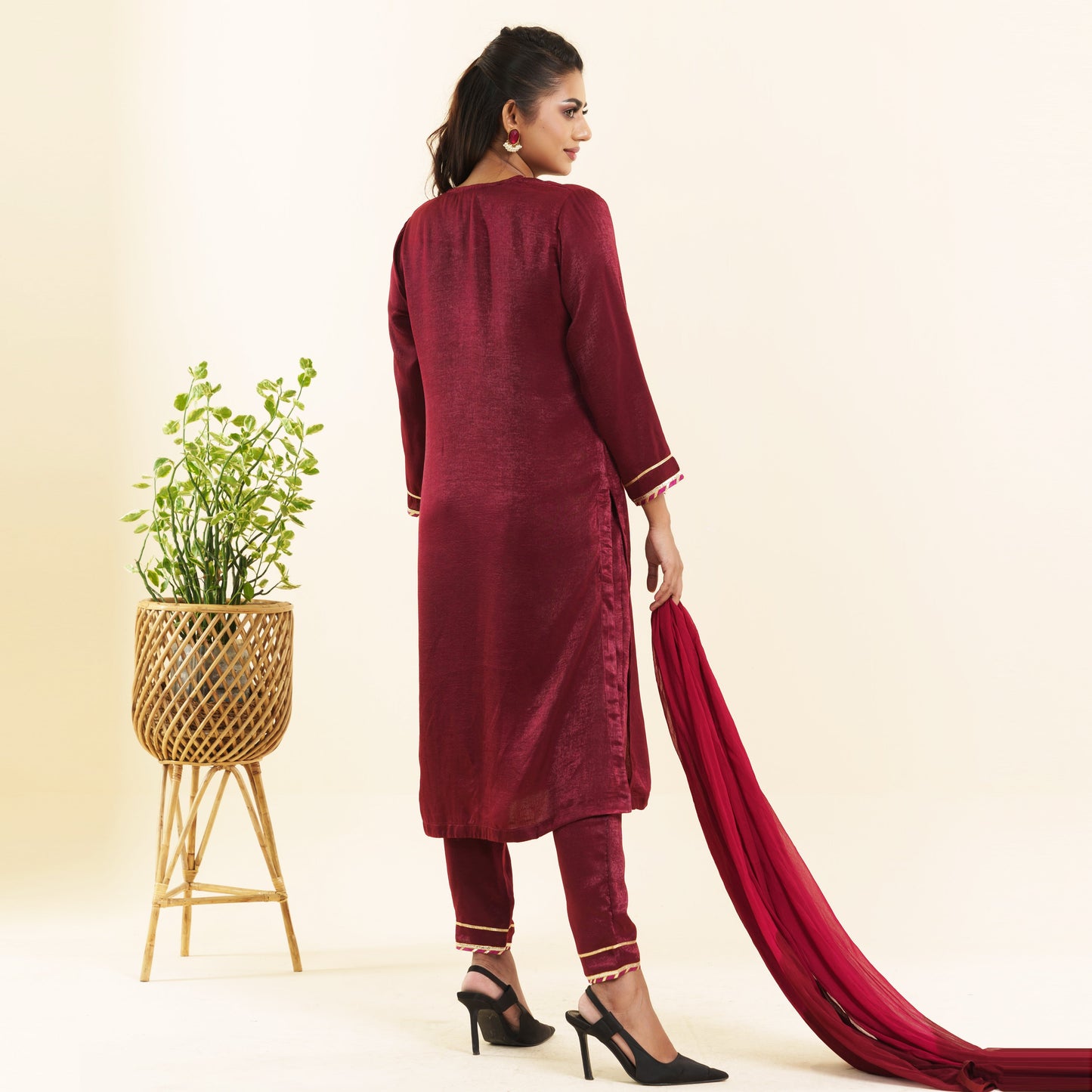 Women Maroon Embroidery 3-Piece Set