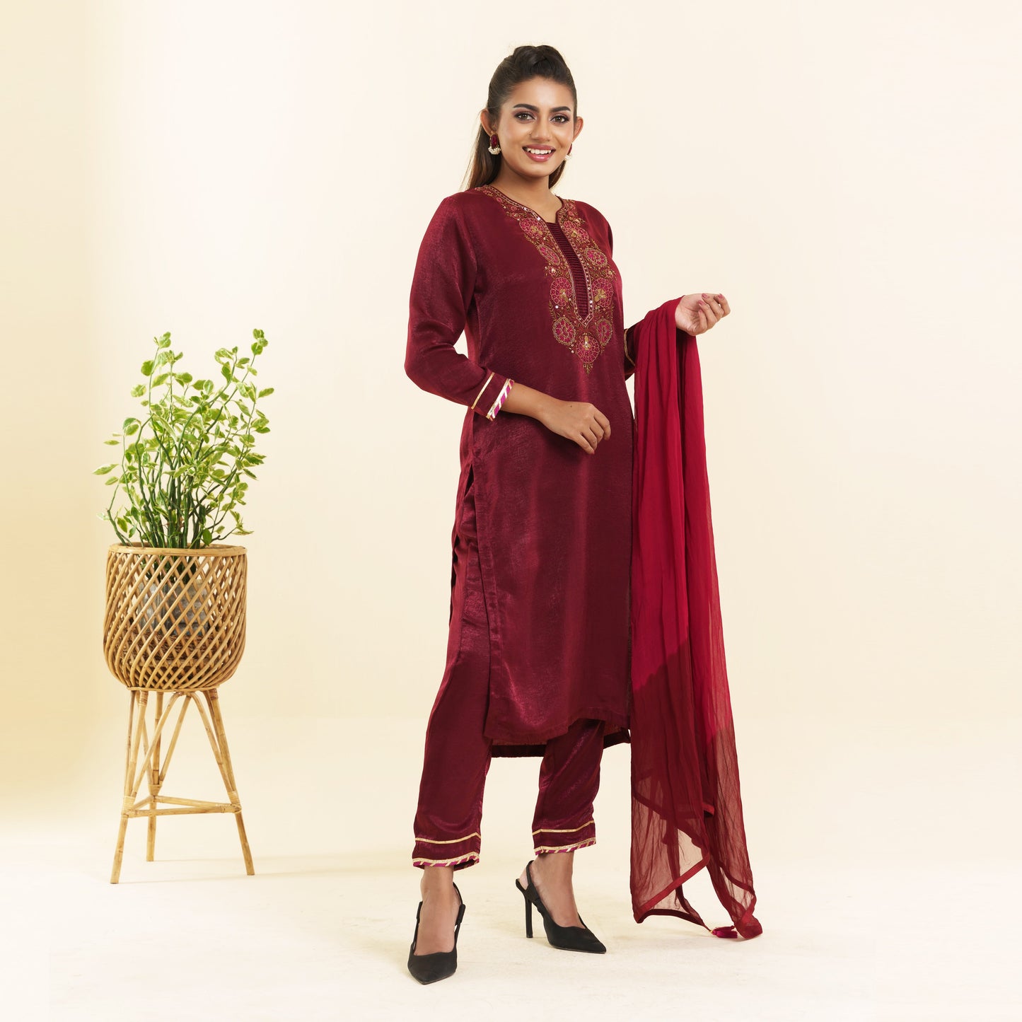 Women Maroon Embroidery 3-Piece Set