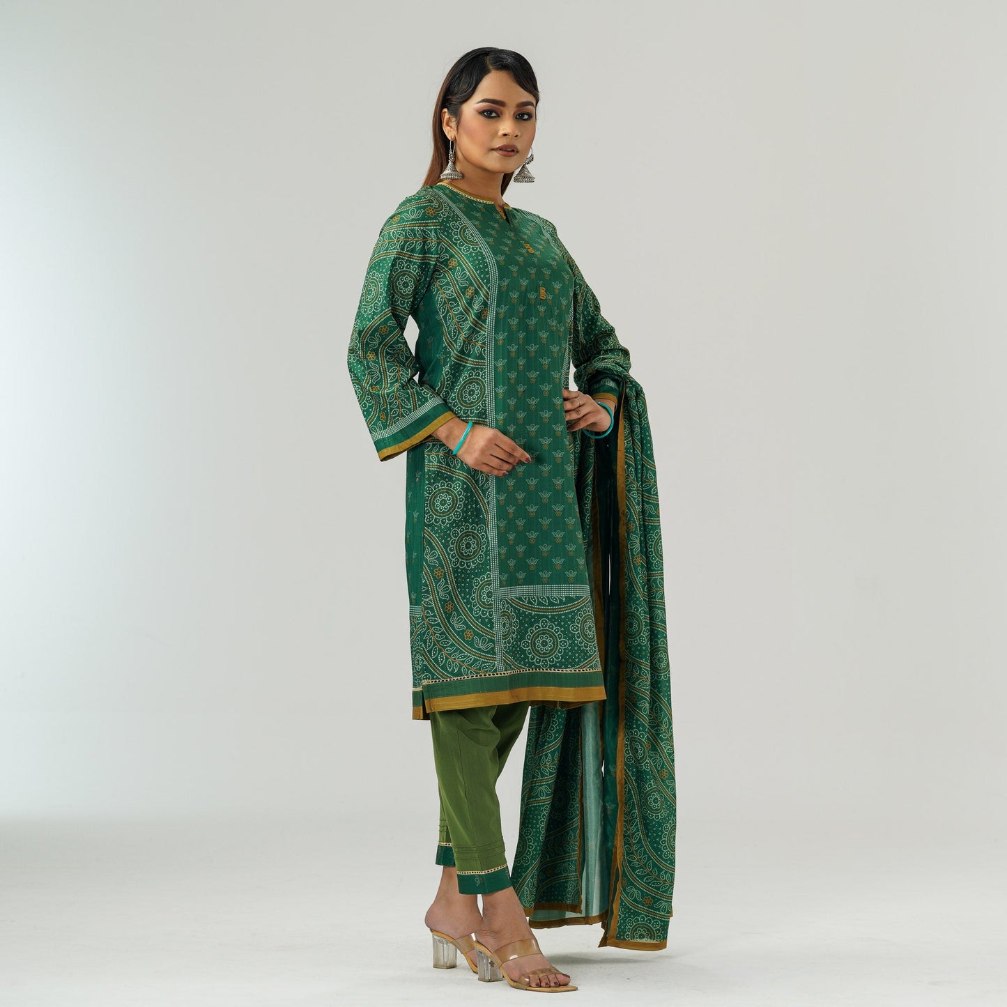 Womens Green Printed Three Piece Set