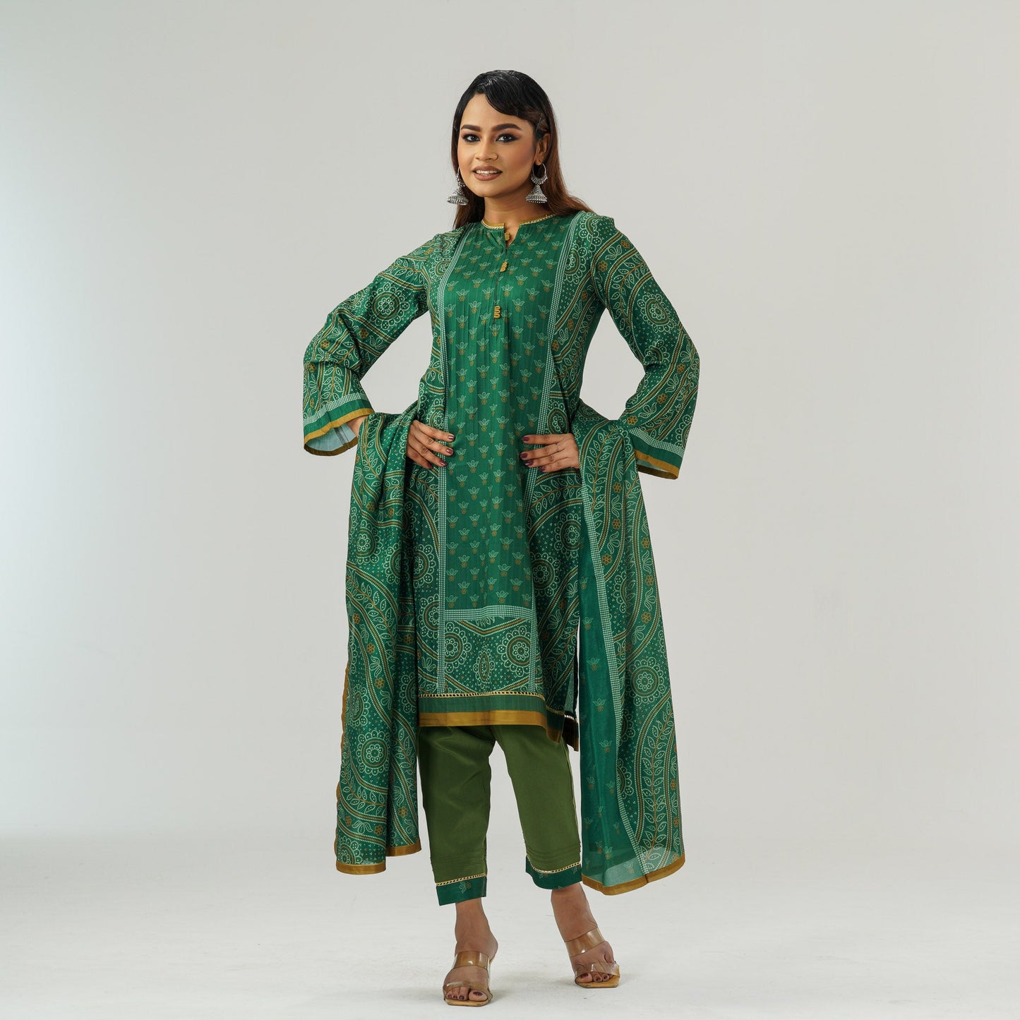 Womens Green Printed Three Piece Set