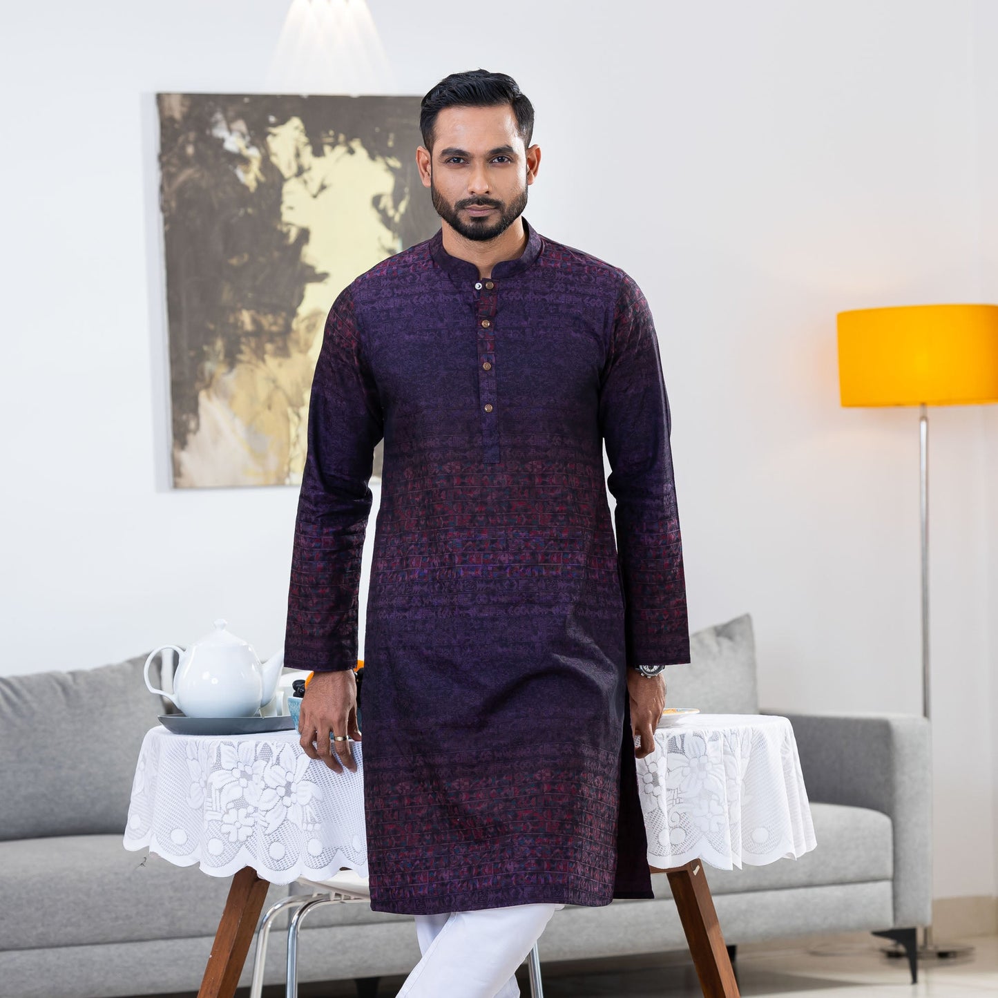 Men's Burgundy Printed Panjabi
