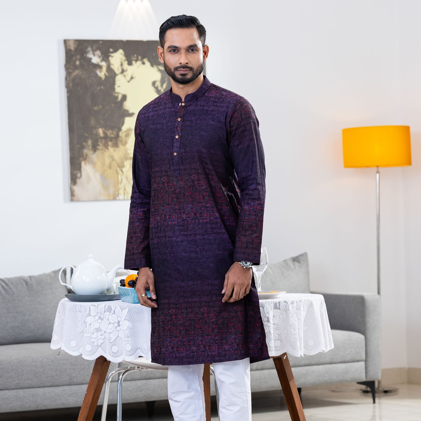 Men's Burgundy Printed Panjabi