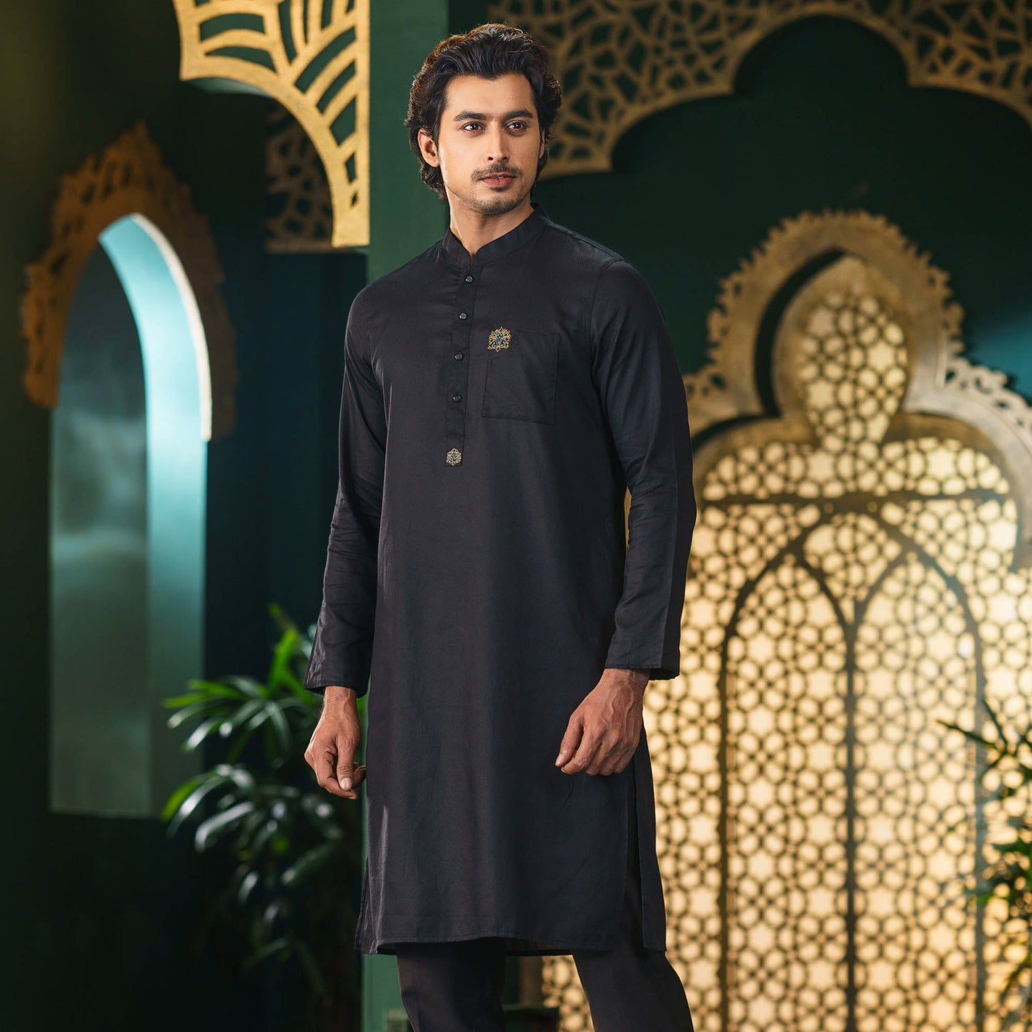 Men's Black Embroidery Panjabi