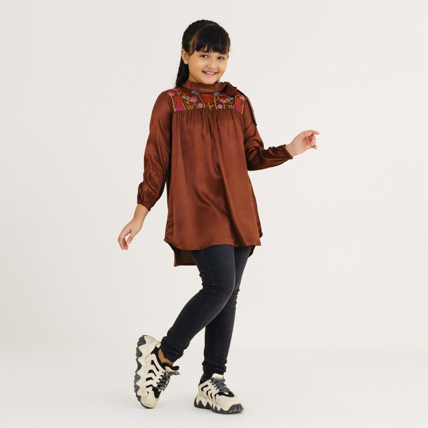 Girl's Brown Embroidered Tunic