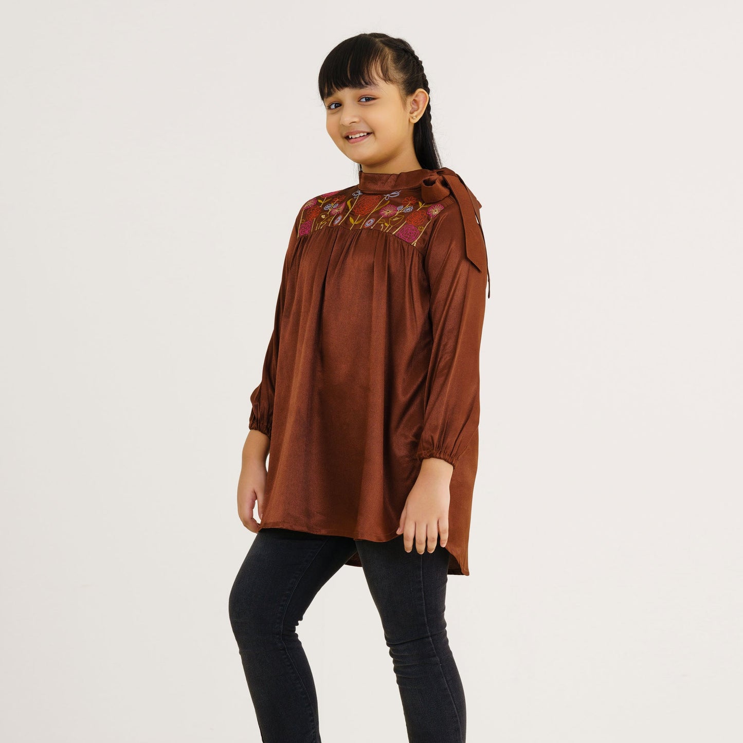 Girl's Brown Embroidered Tunic