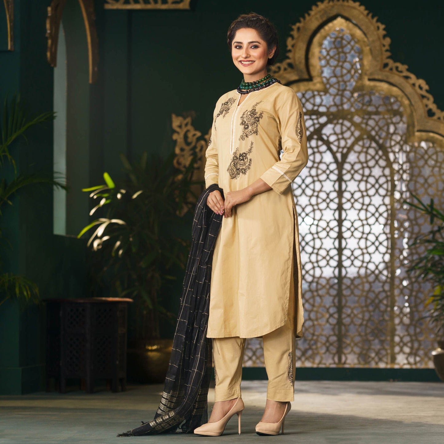 Womens Khaki Ethnic 3-Piece Set