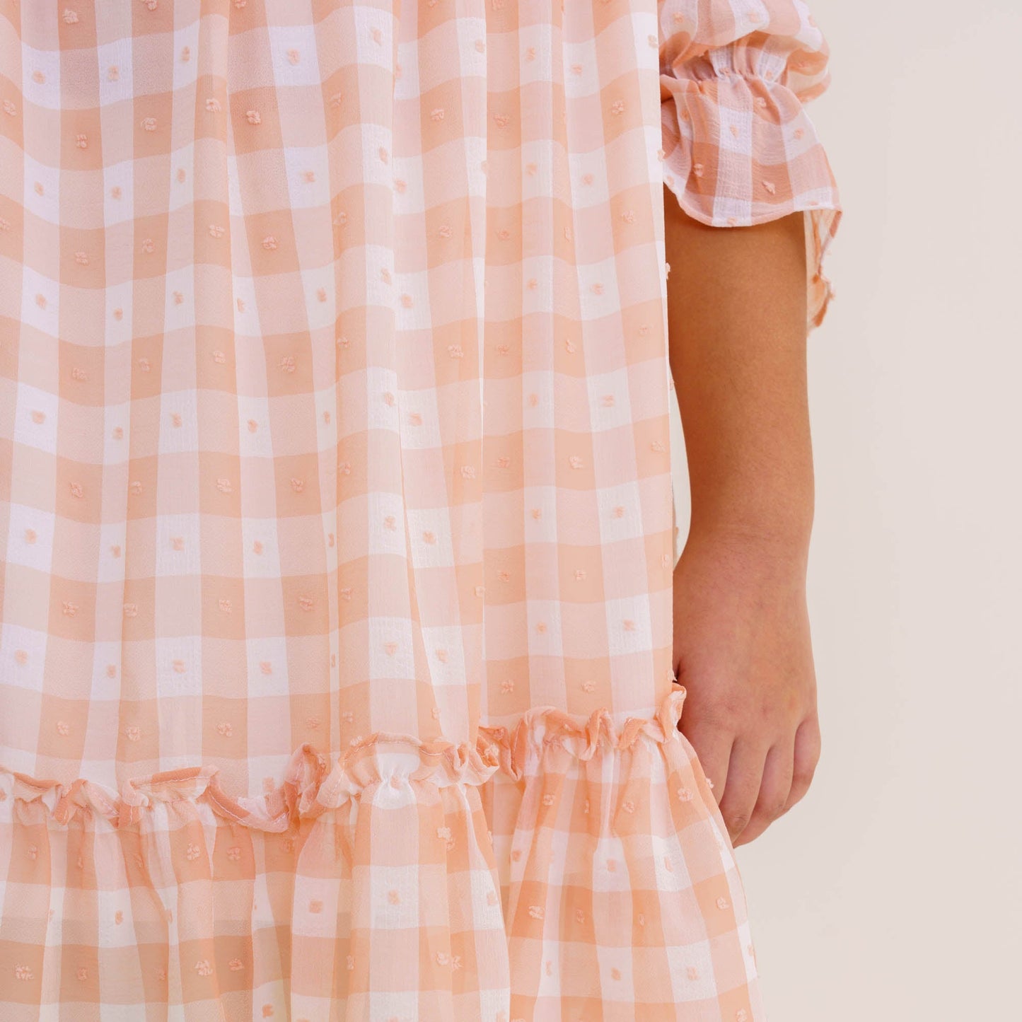 Girls Peach Check Georgette Frock