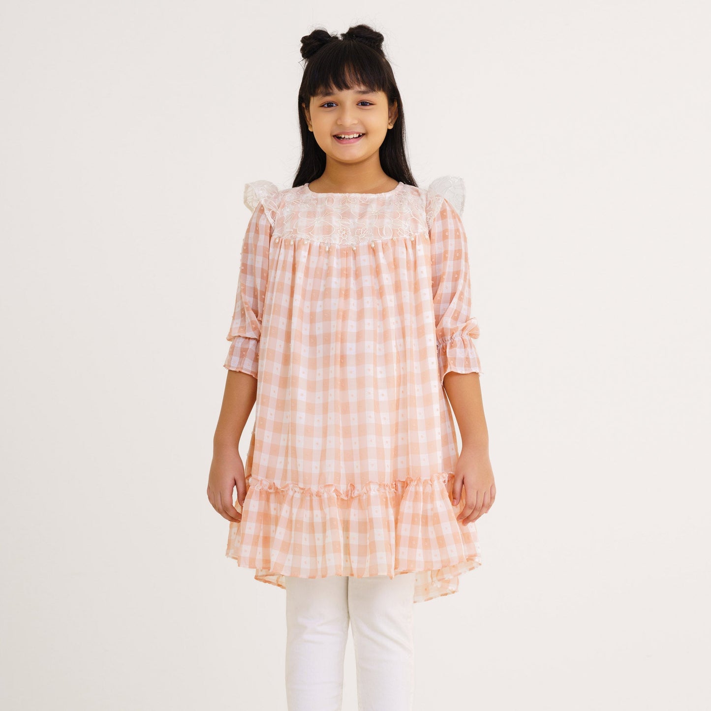 Girls Peach Check Georgette Frock