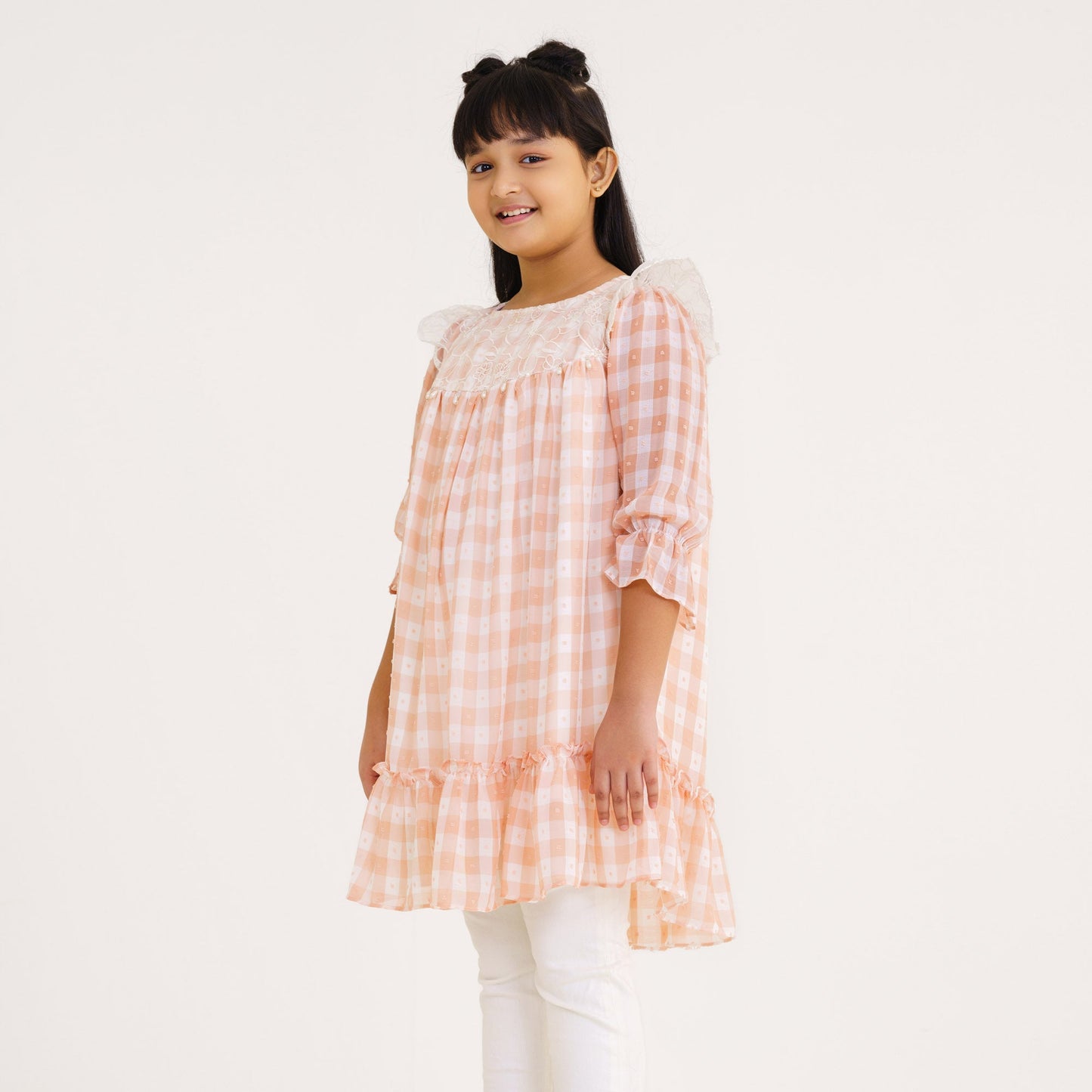 Girls Peach Check Georgette Frock