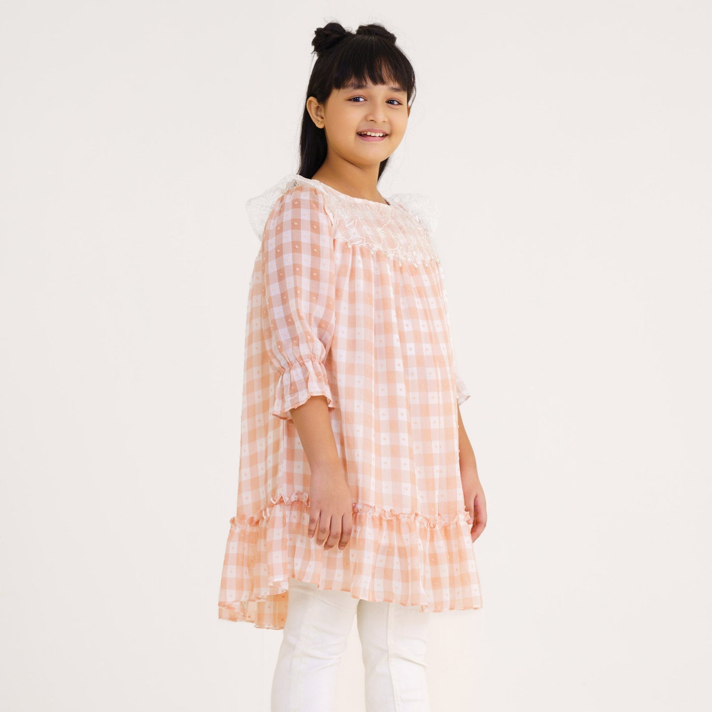 Girls Peach Check Georgette Frock