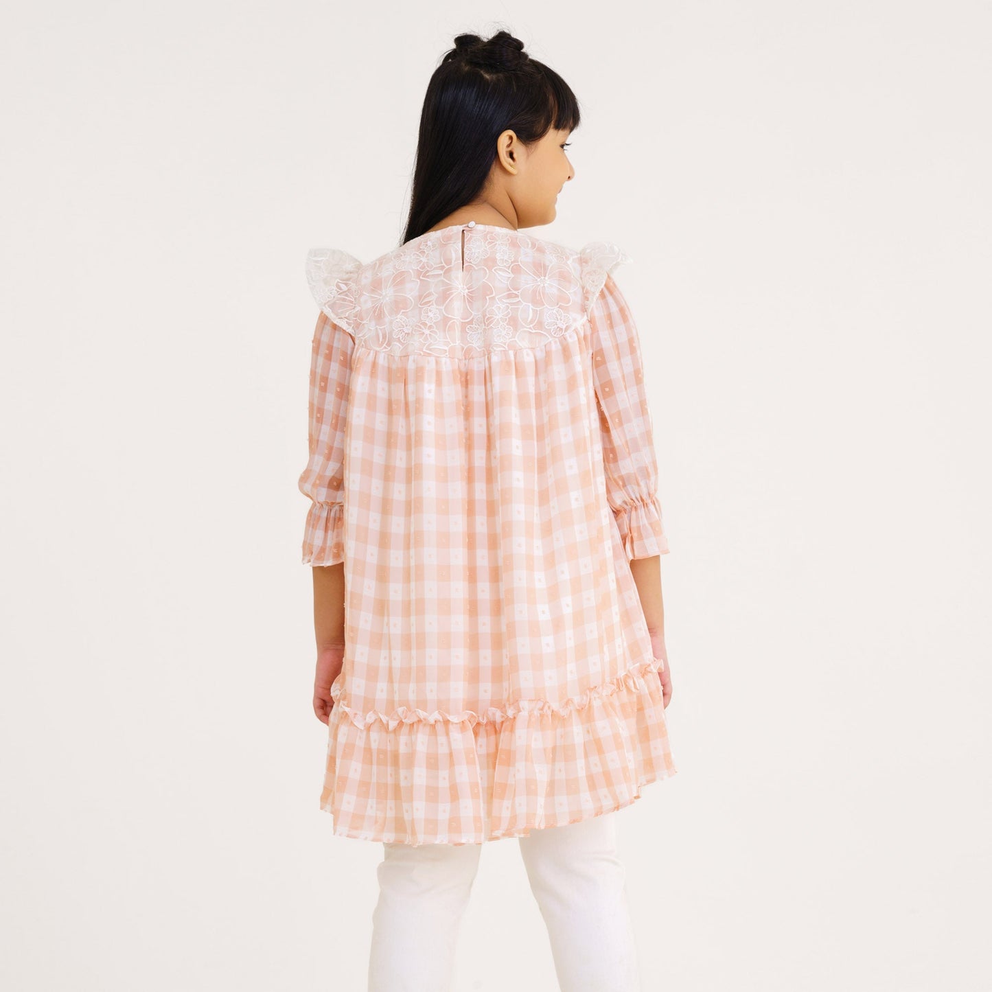 Girls Peach Check Georgette Frock