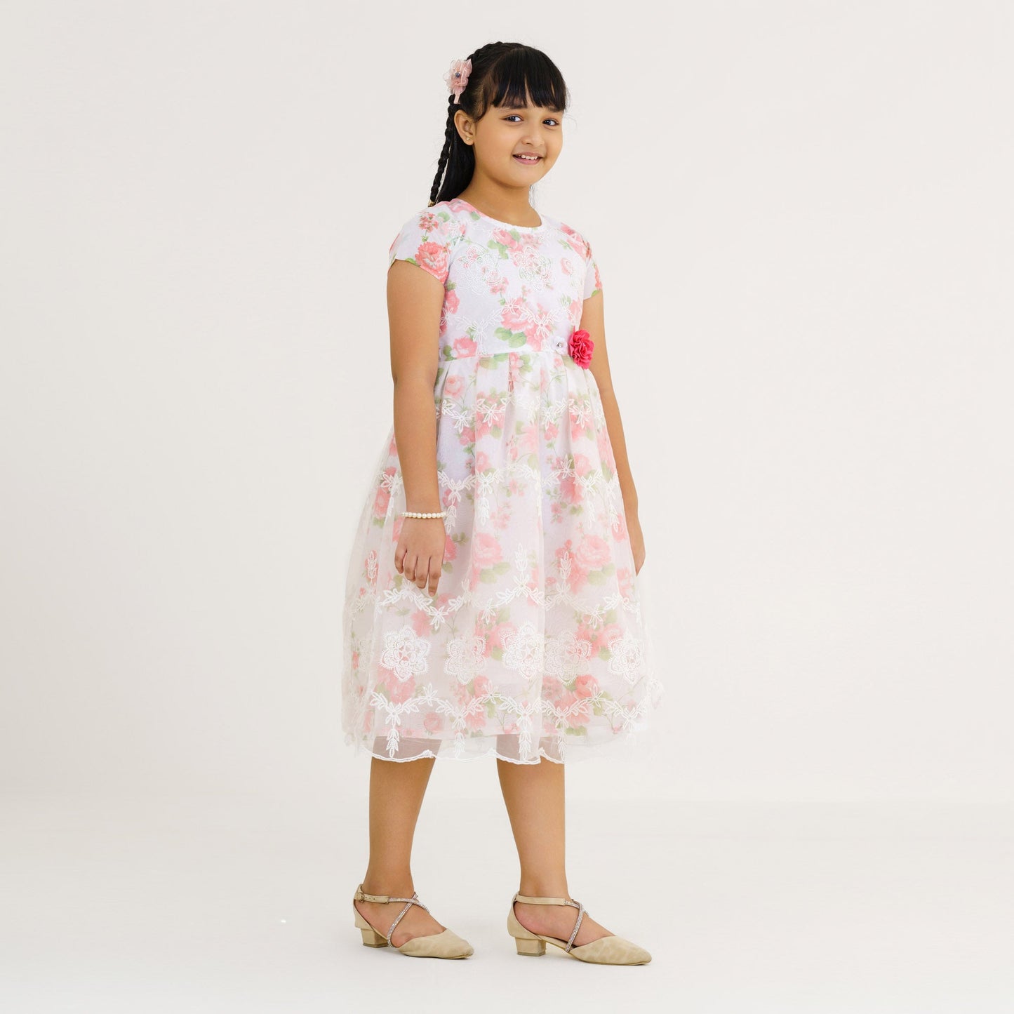 Girls White Double-Layer Ethnic Gown