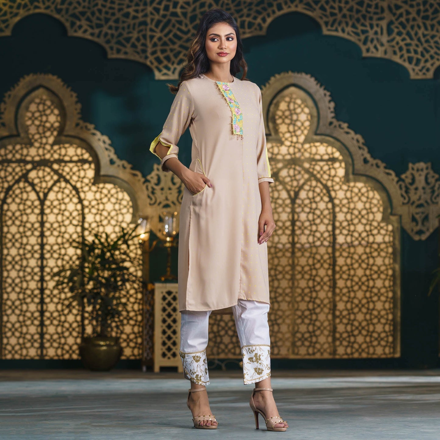 Women’s Biscuit-Color Georgette Kurti