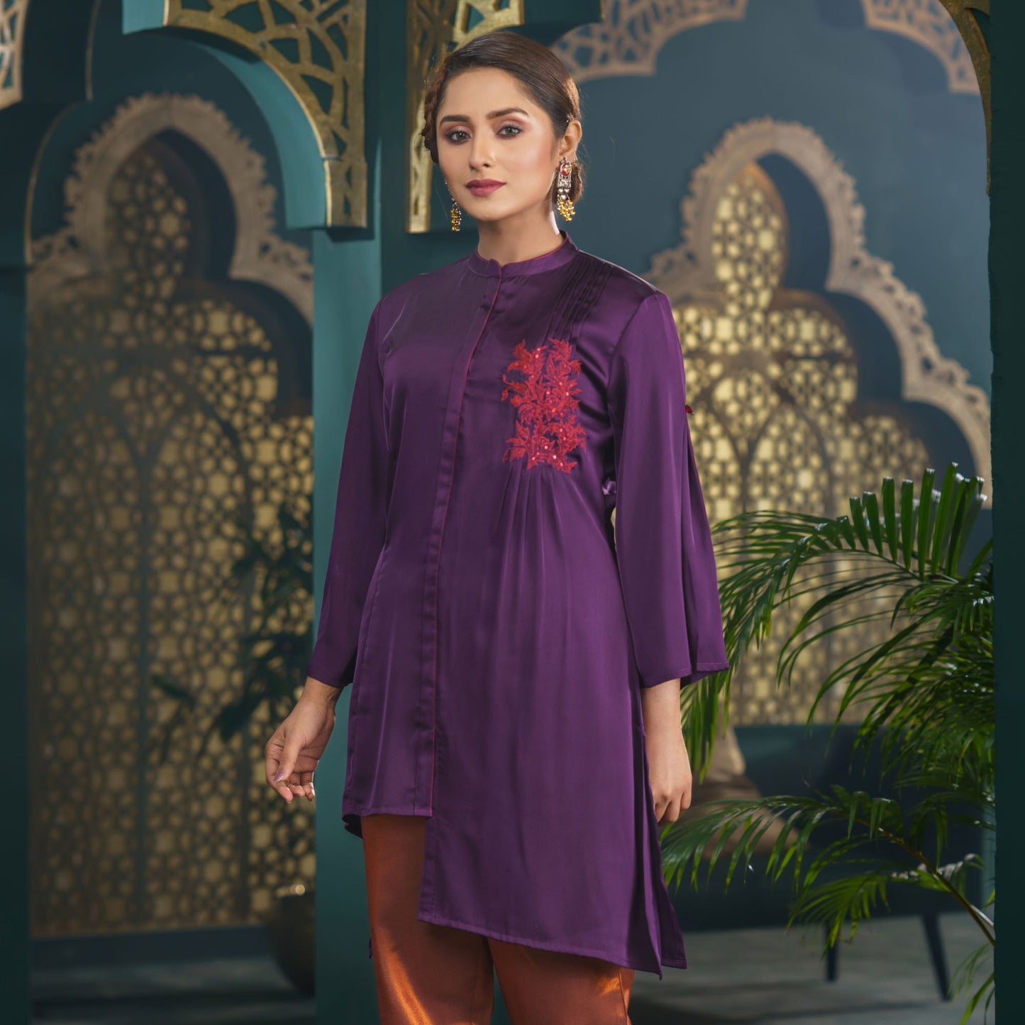 Womens Purple Embroidered Silk Tunic