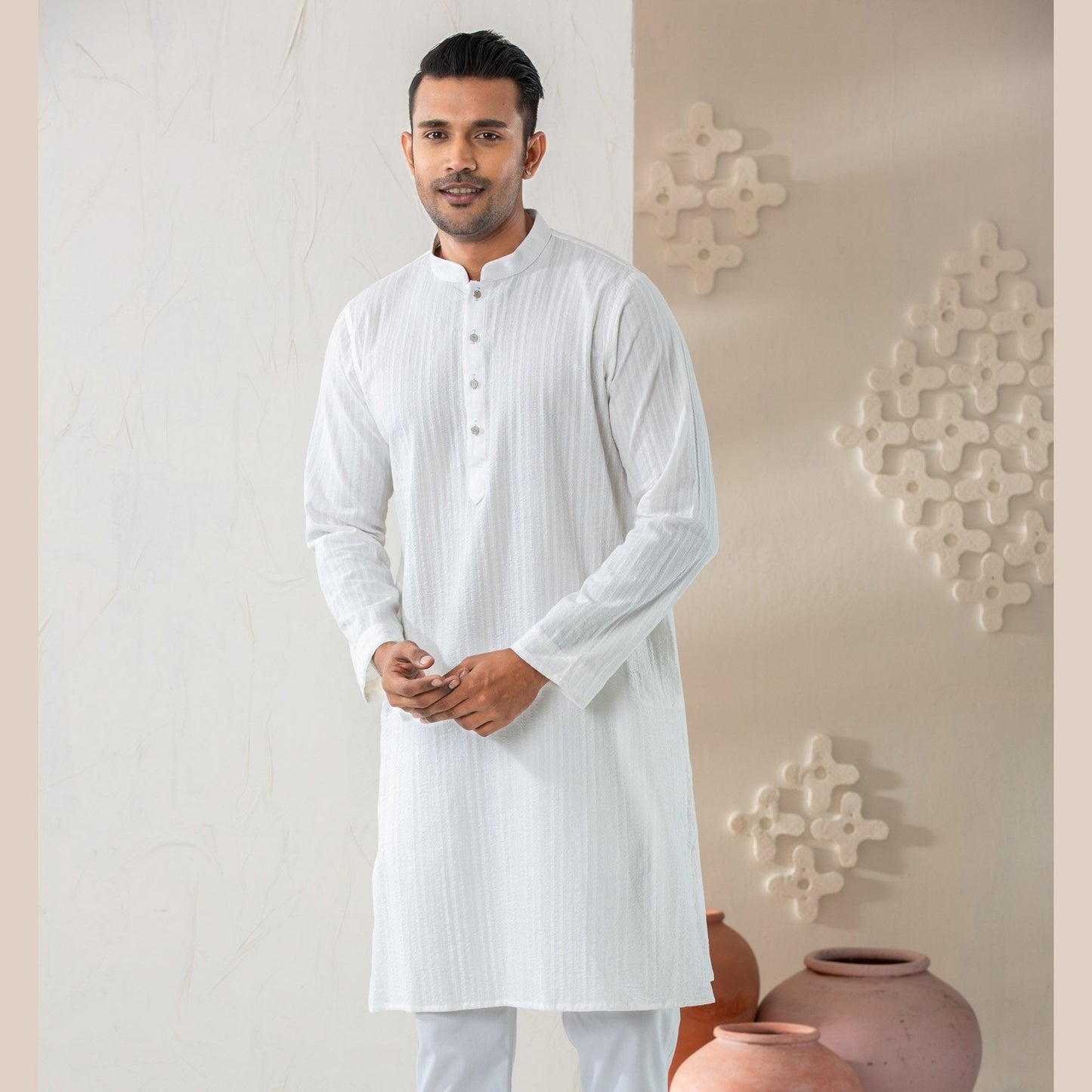 Men's White Cotton Panjabi