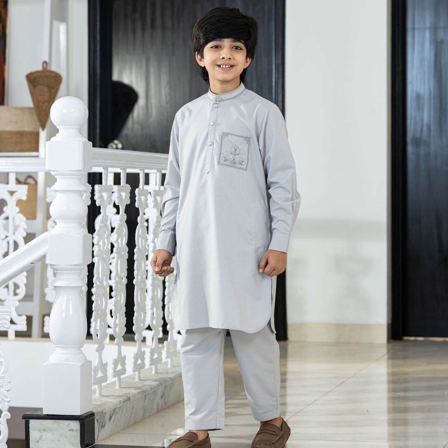 Boys Grey Embroidered Kabli