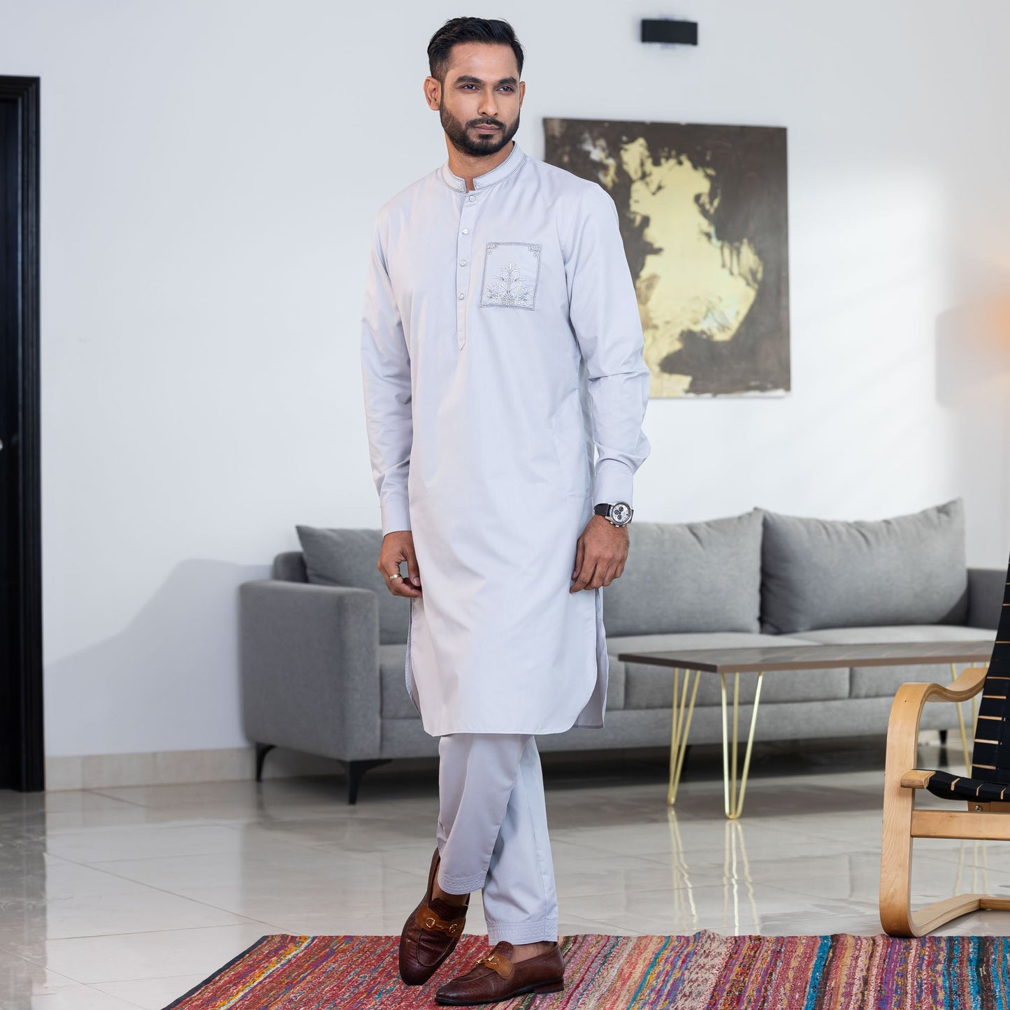 Men's Grey Embroidered Kabli Set
