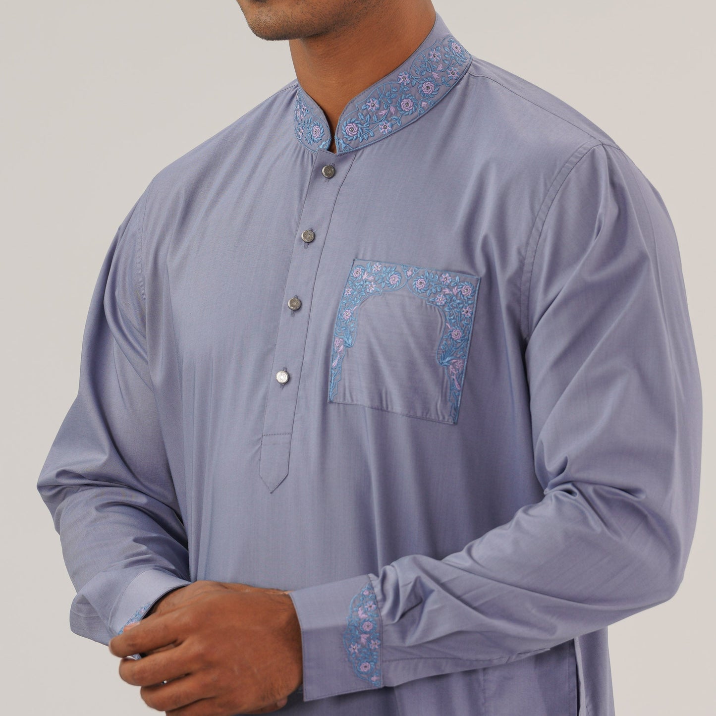 Mens Grey Embroidered Panjabi