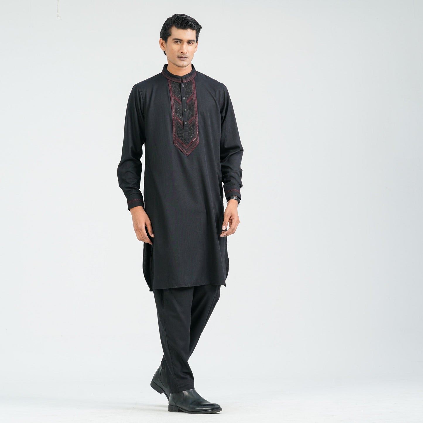 Men’s Black Embroidered Viscose Kabli