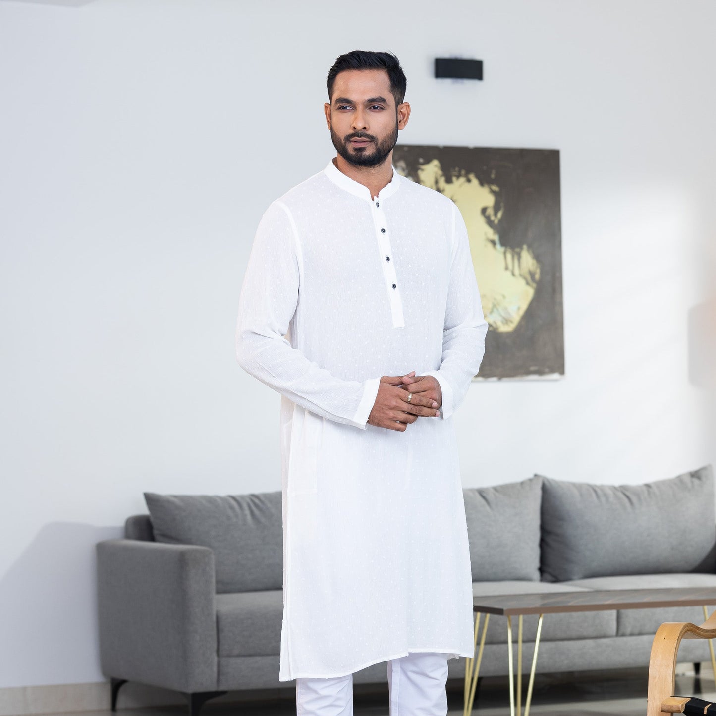 Mens White Dot Basic Panjabi