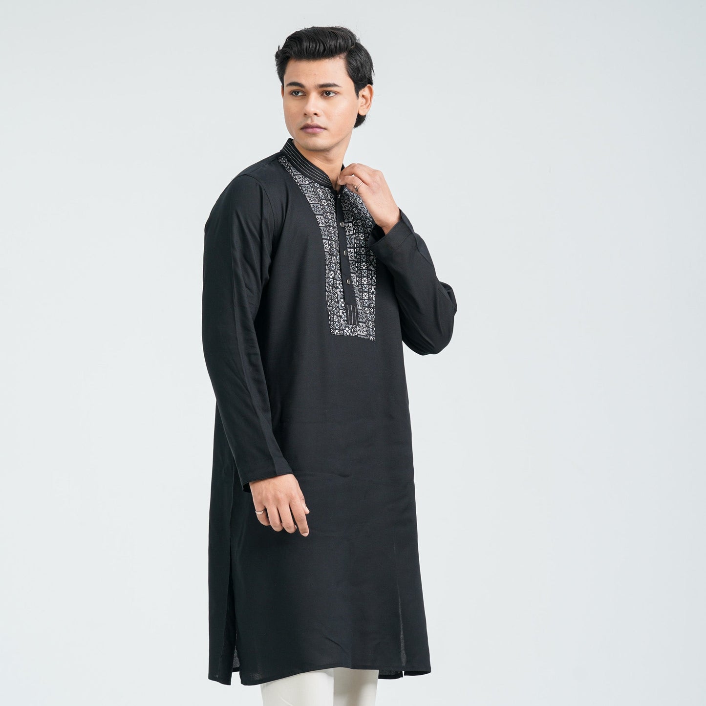 Men's Black Linen Viscose Panjabi