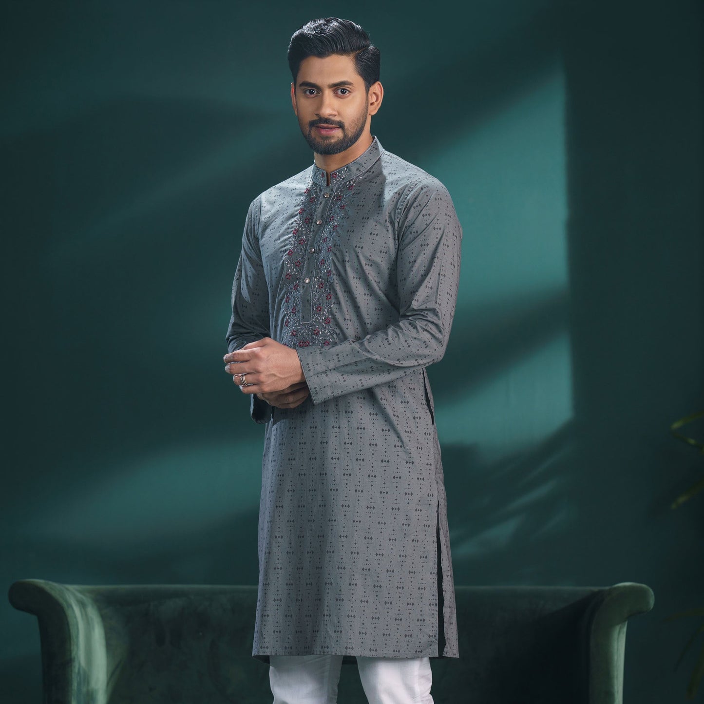 Men's Grey Print & Embroidery Panjabi