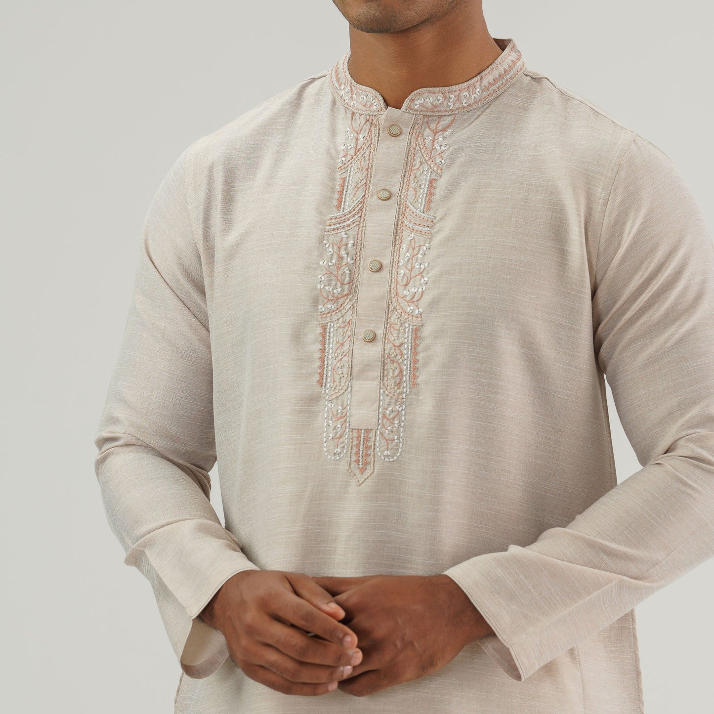 Mens Beige Embroidered Panjabi