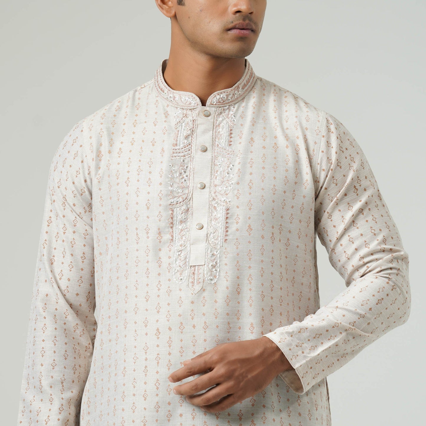 Mens Beige print Embroidery Panjabi