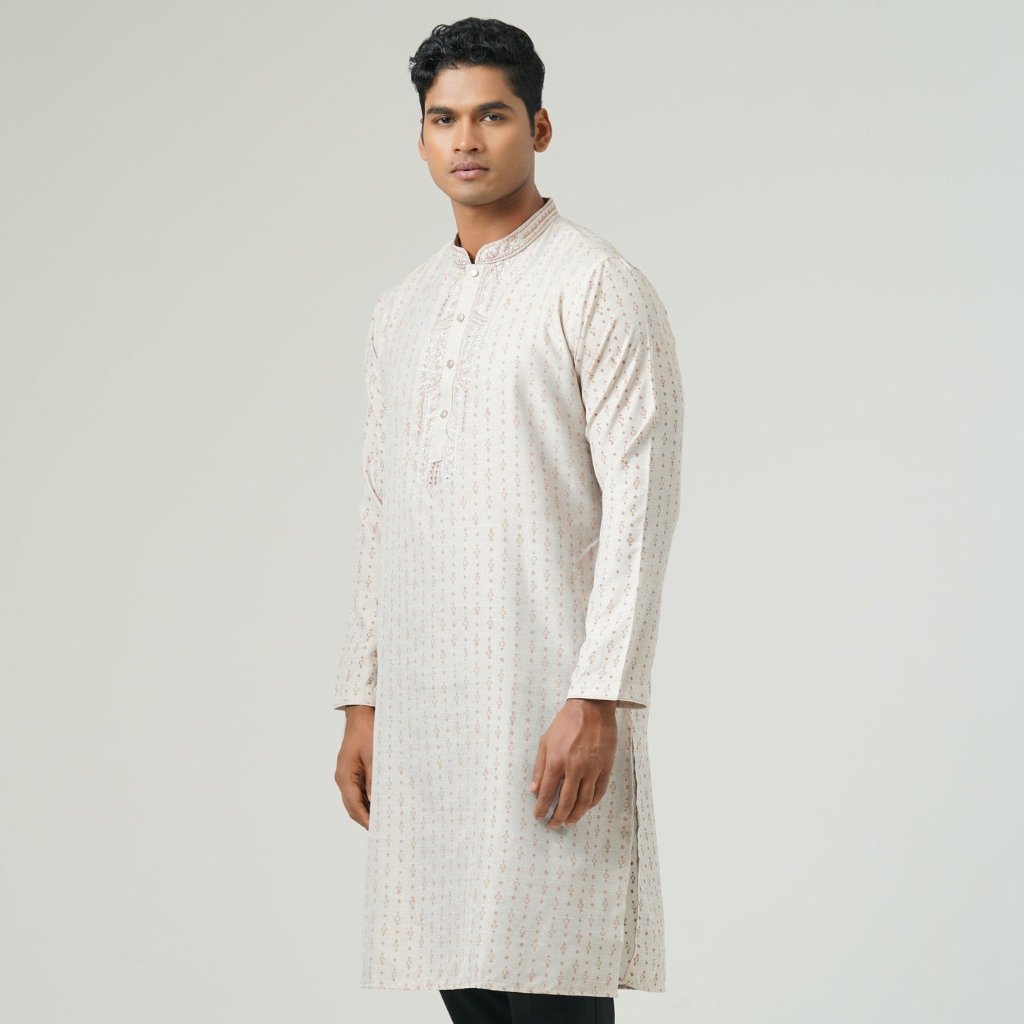 Mens Beige print Embroidery Panjabi