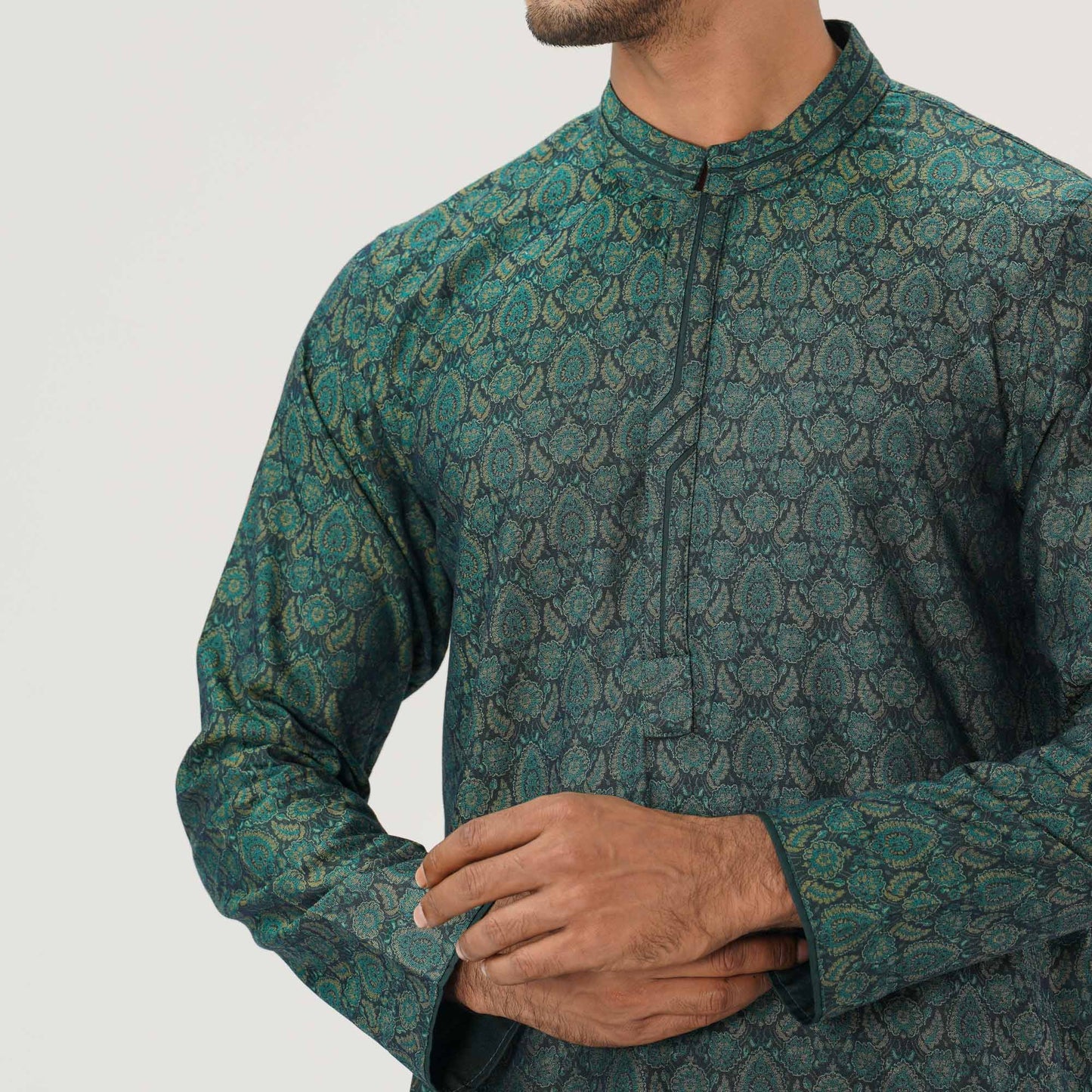 Mens Green Jacquard Panjabi