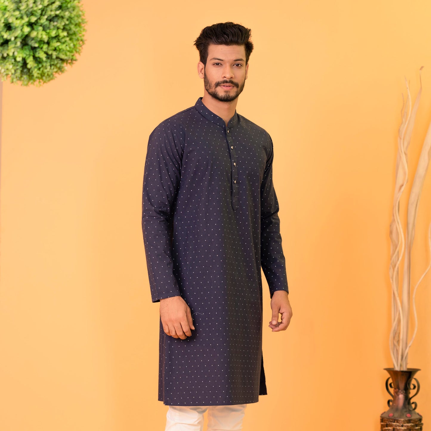 Mens Panjabi-Navy White Printed
