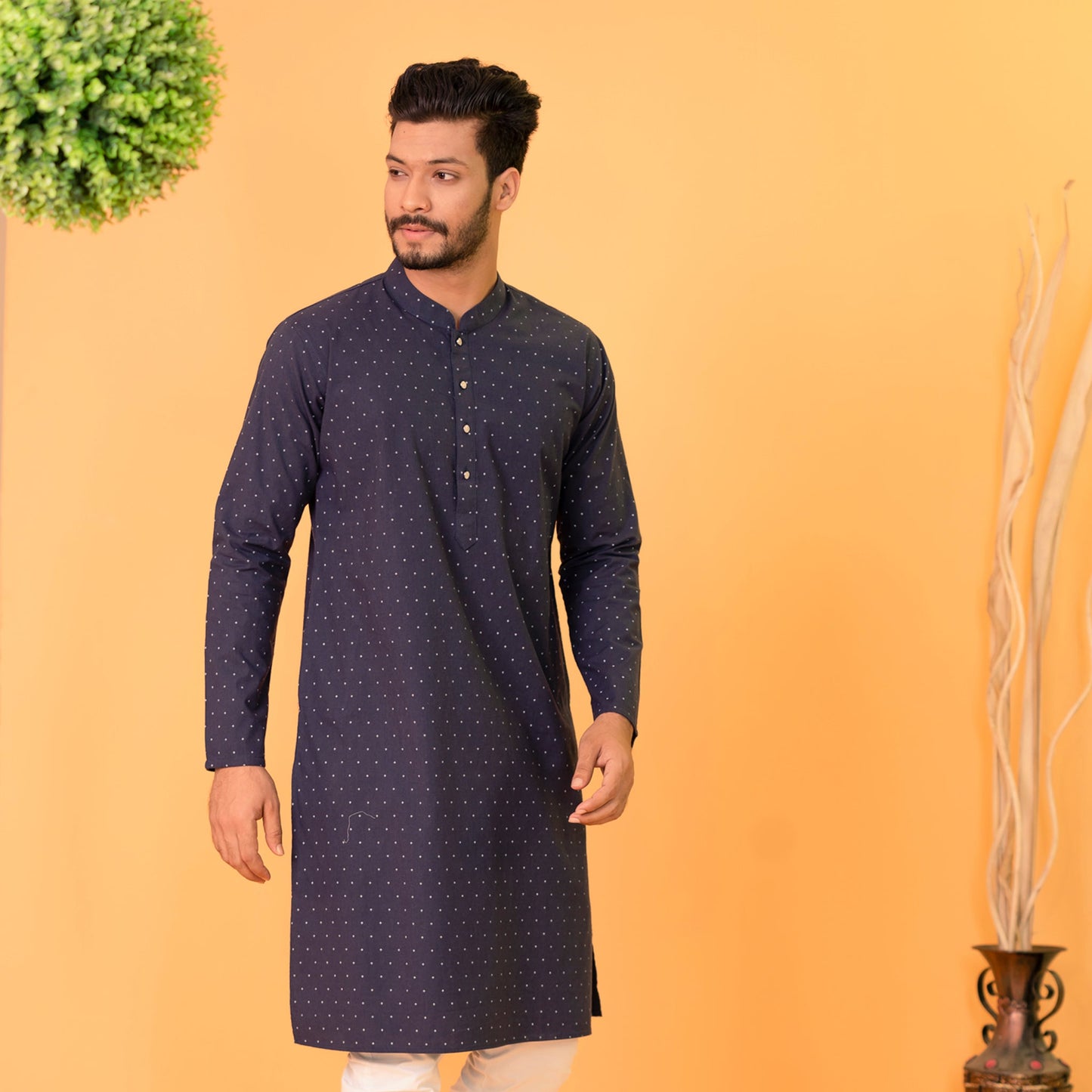 Mens Panjabi-Navy White Printed