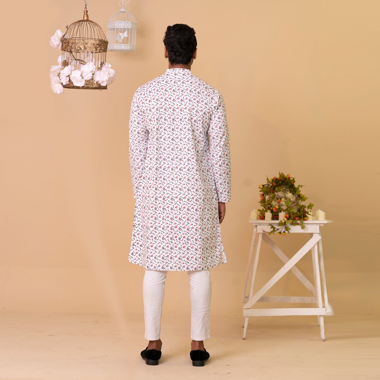 Mens Basic Panjabi-White Print 1