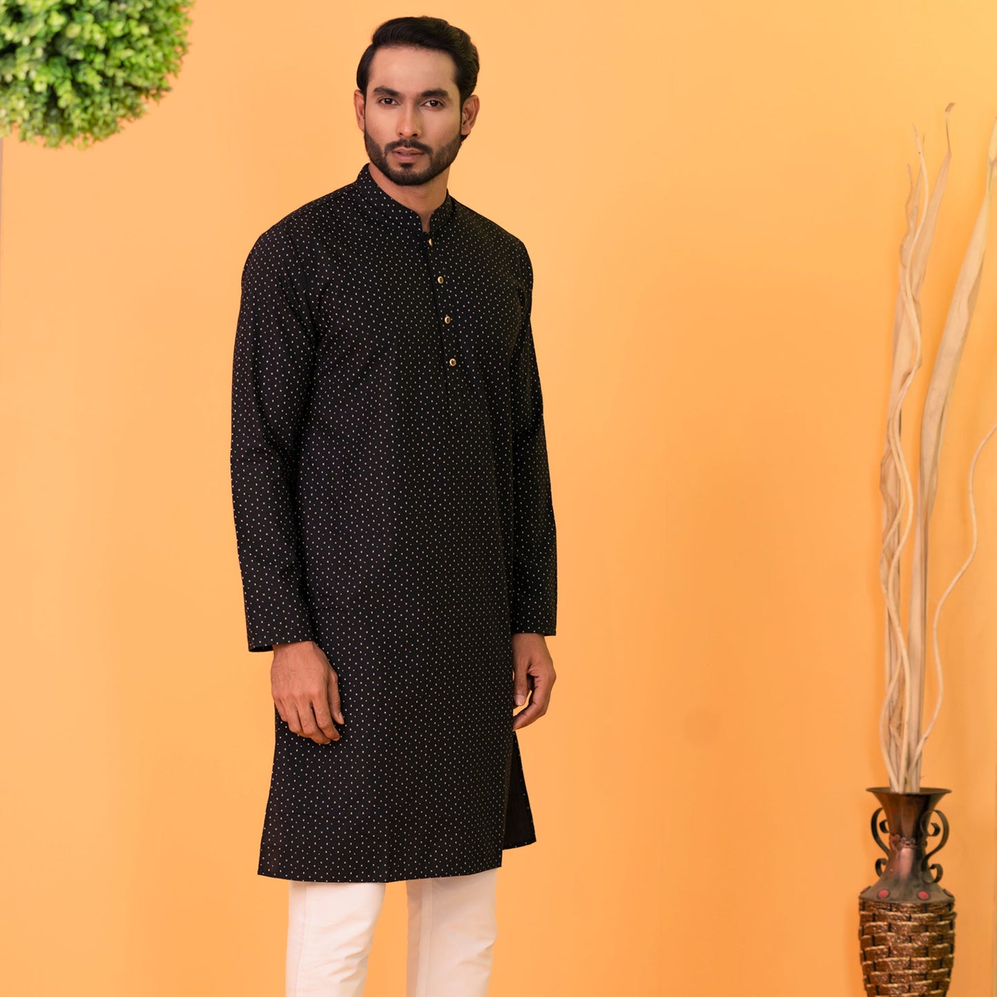 Mens Basic Panjabi-Black Print