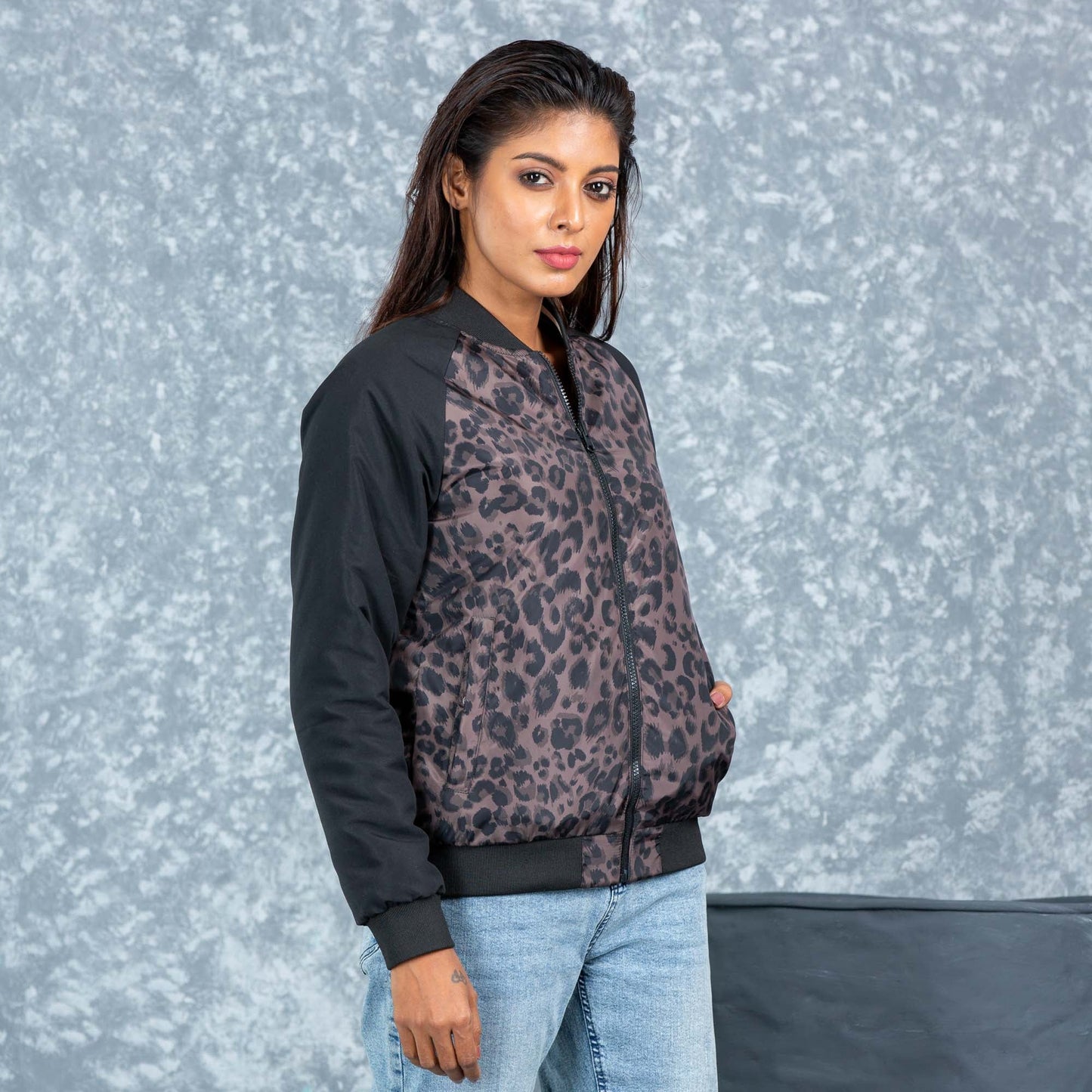Womens Bomber Jacket- Olive/Black Aop