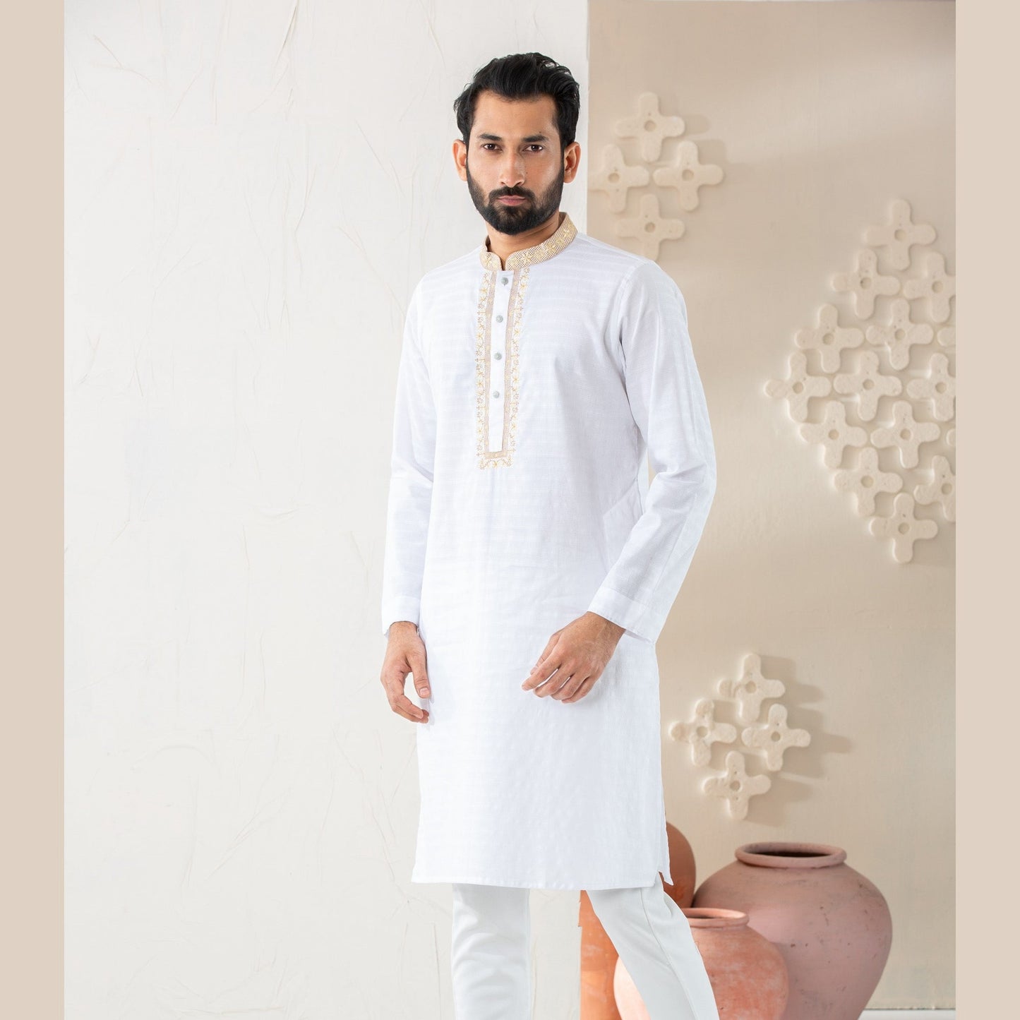Mens White Embroidered Panjabi