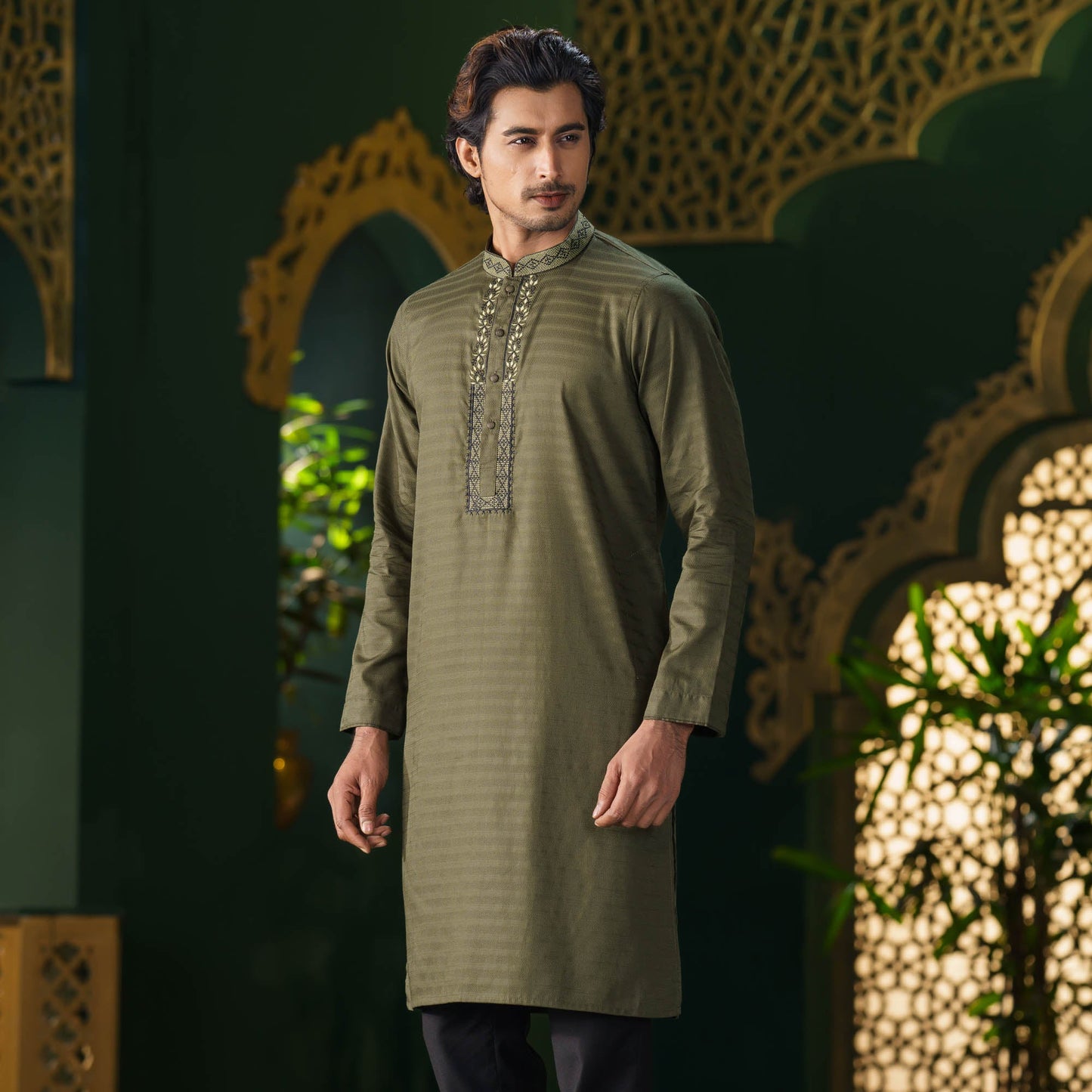 Men's Olive Green Embroidered Panjabi
