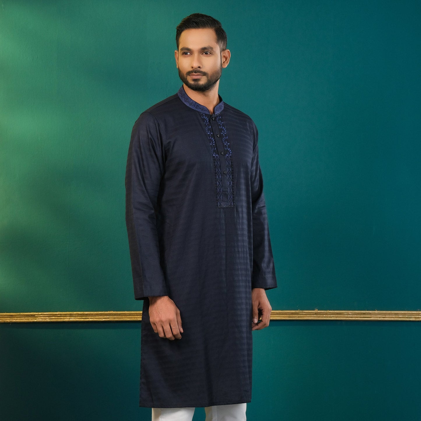 Men's Navy Blue Embroidered Panjabi