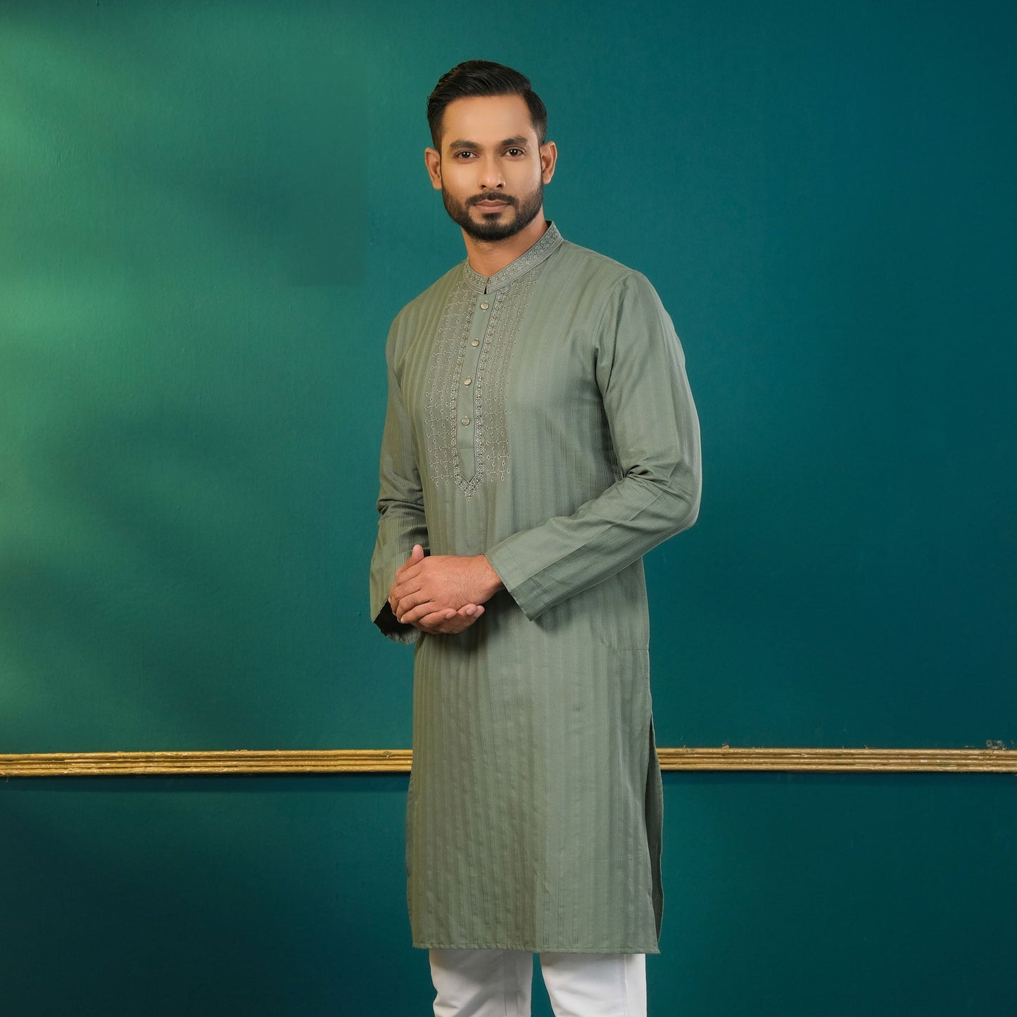 Mens Army Green Embroidery Panjabi