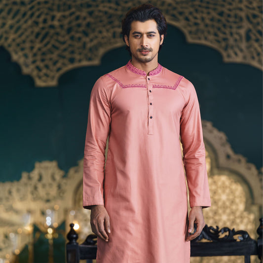 Men’s Salmon-Red Zardozi Panjabi