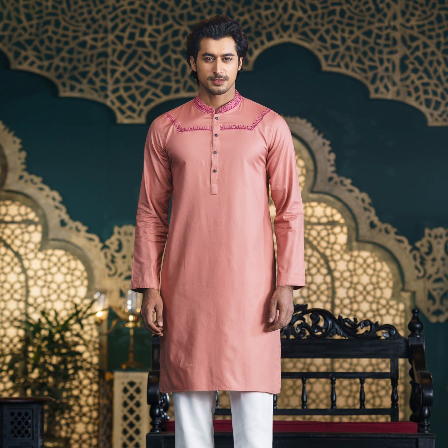Men’s Salmon-Red Zardozi Panjabi