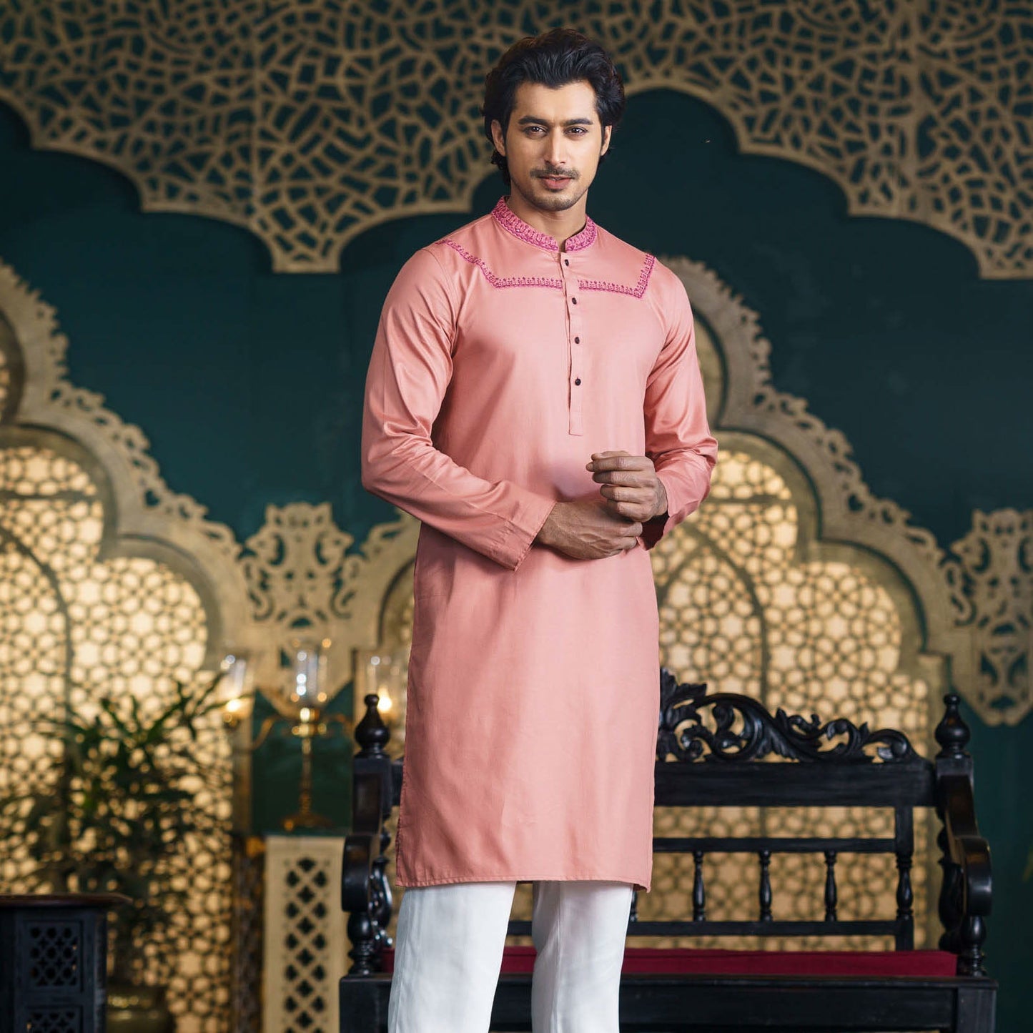 Men’s Salmon-Red Zardozi Panjabi