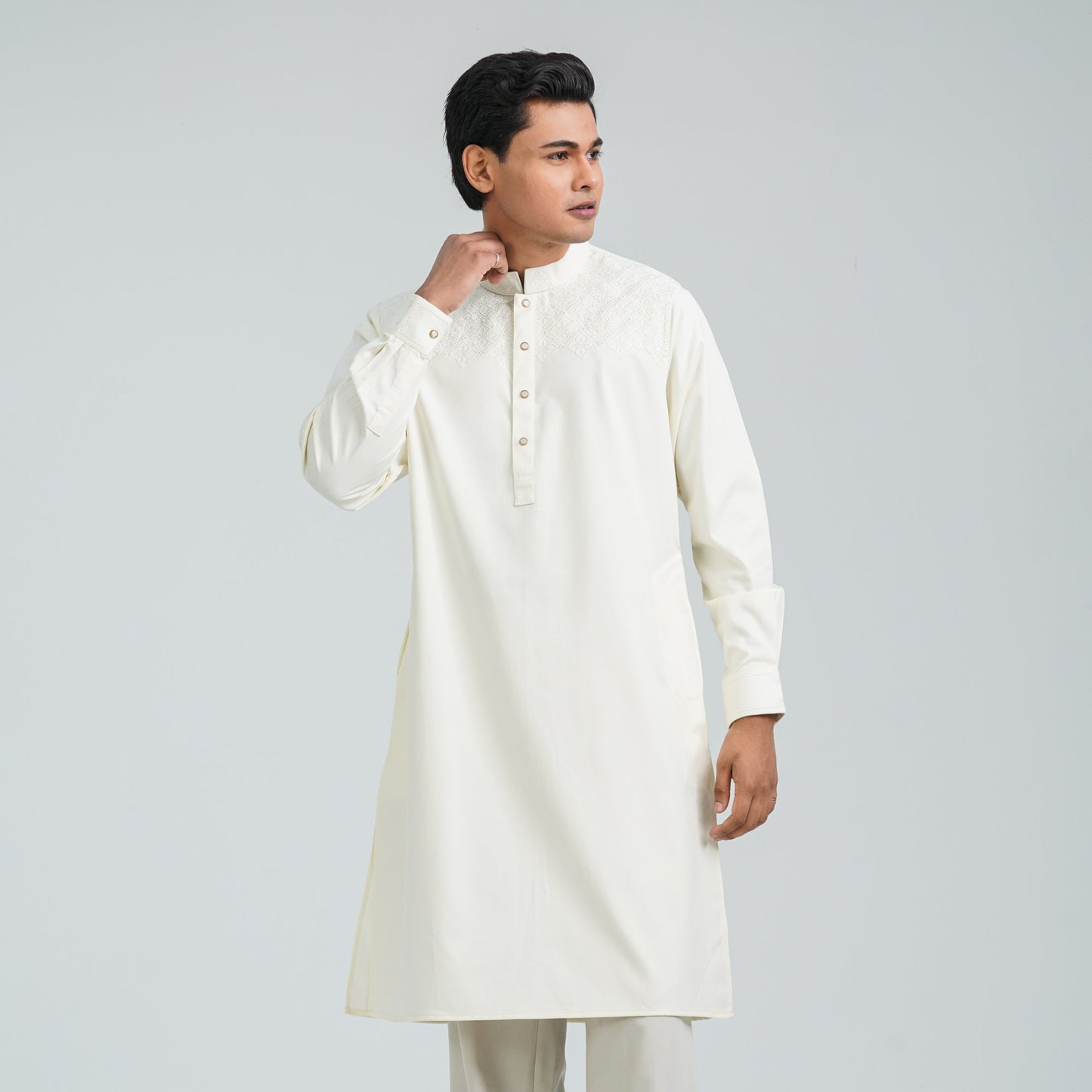 Men's White Embroidered Panjabi