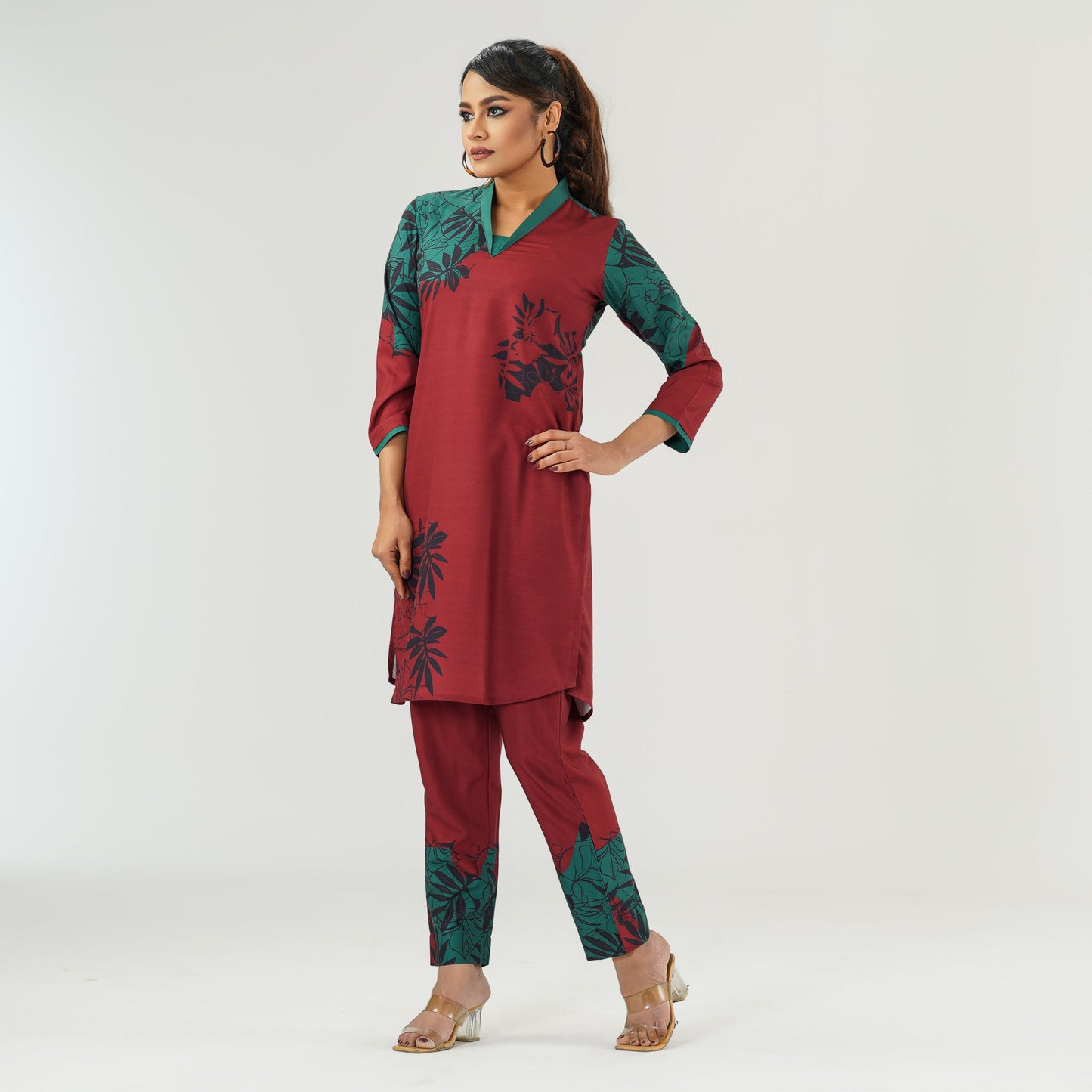 Womens Maroon Printed Co-Ord Set