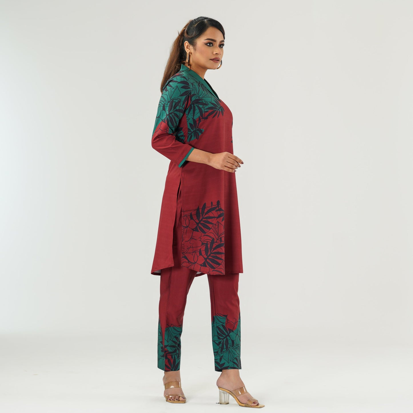 Womens Maroon Printed Co-Ord Set