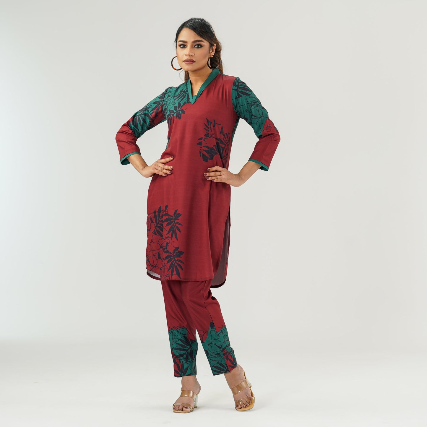 Womens Maroon Printed Co-Ord Set