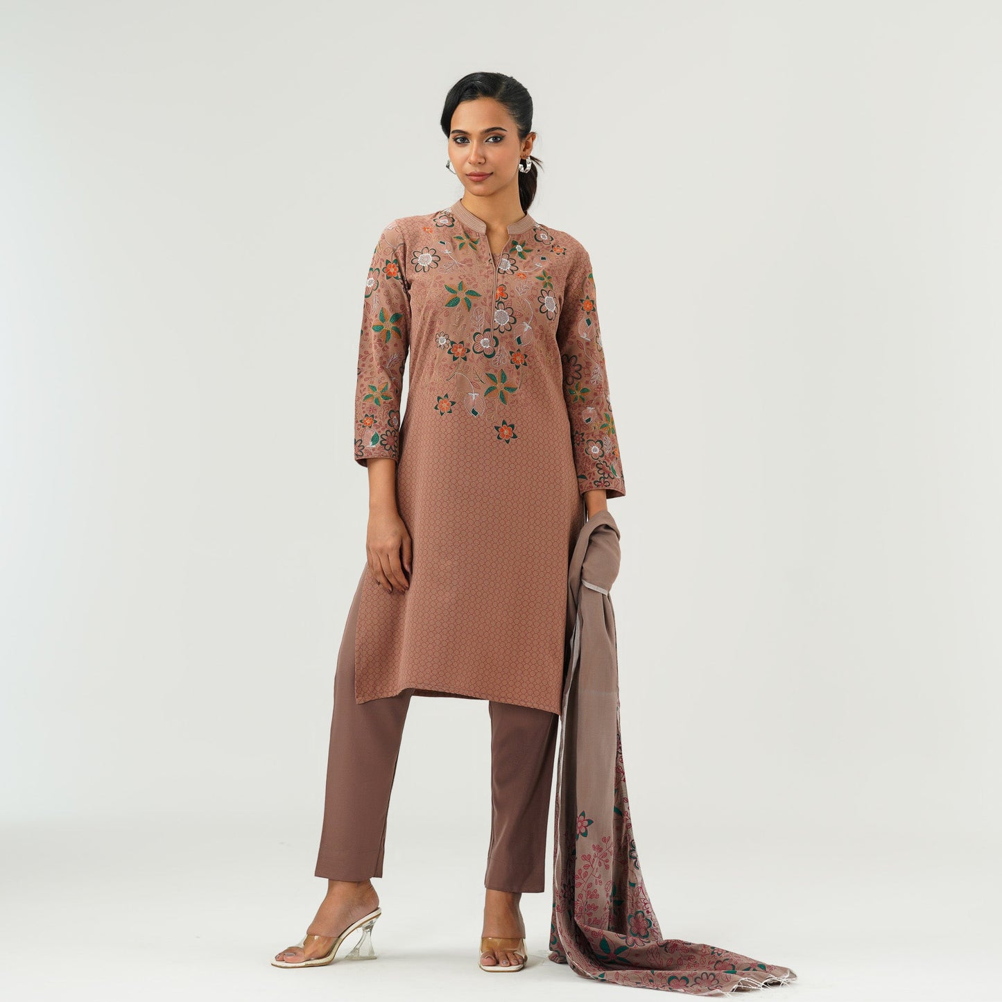 Womens Tan Embroidered Three Piece Set