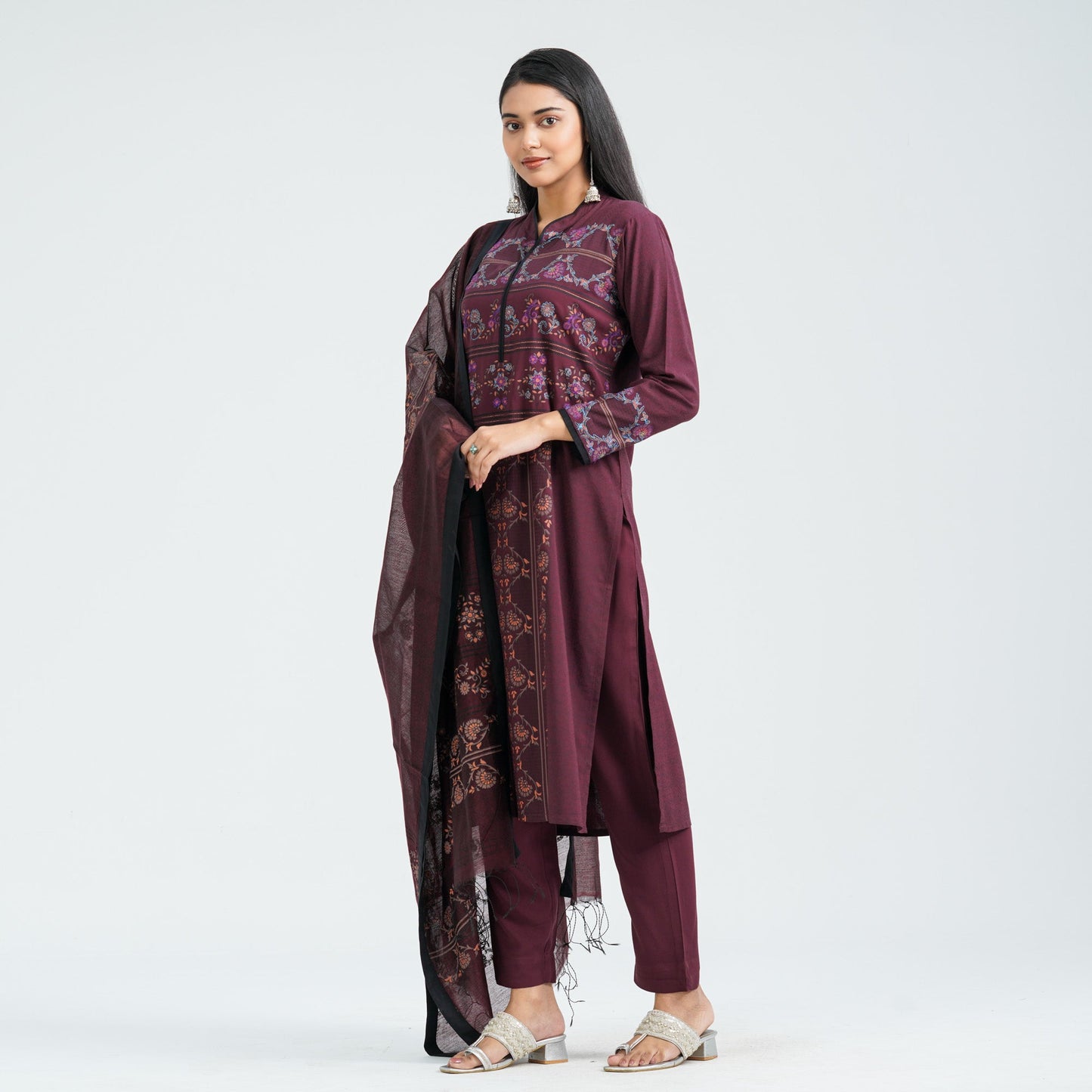 Women's Maroon Viscose Three Piece Set